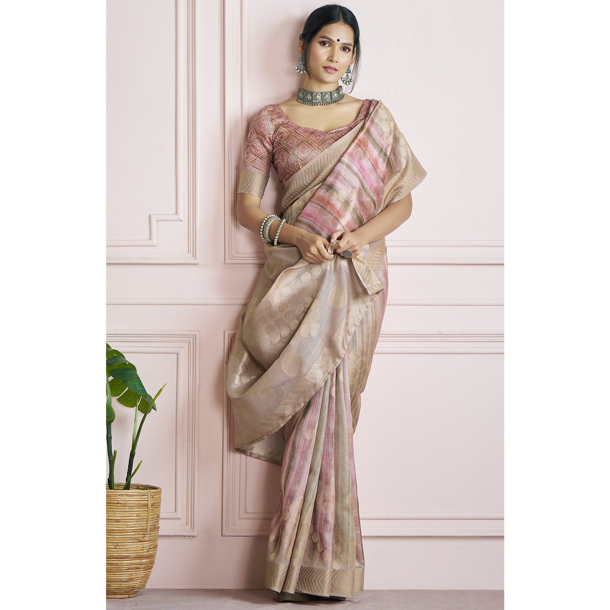 Beige Woven Cotton Silk Saree