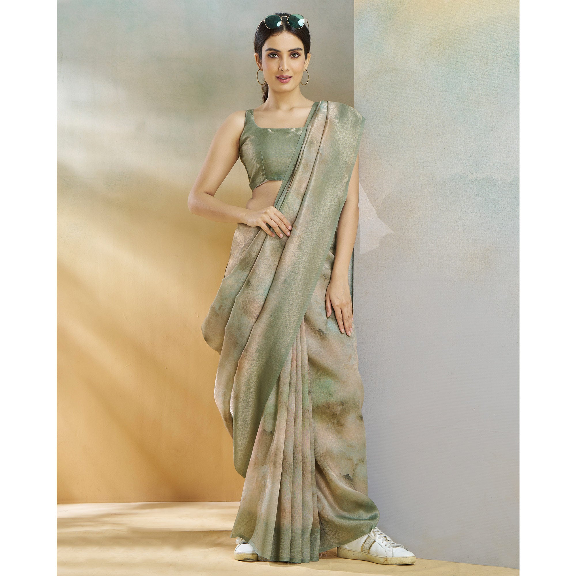 Green Woven With Digital Printed Linen Saree