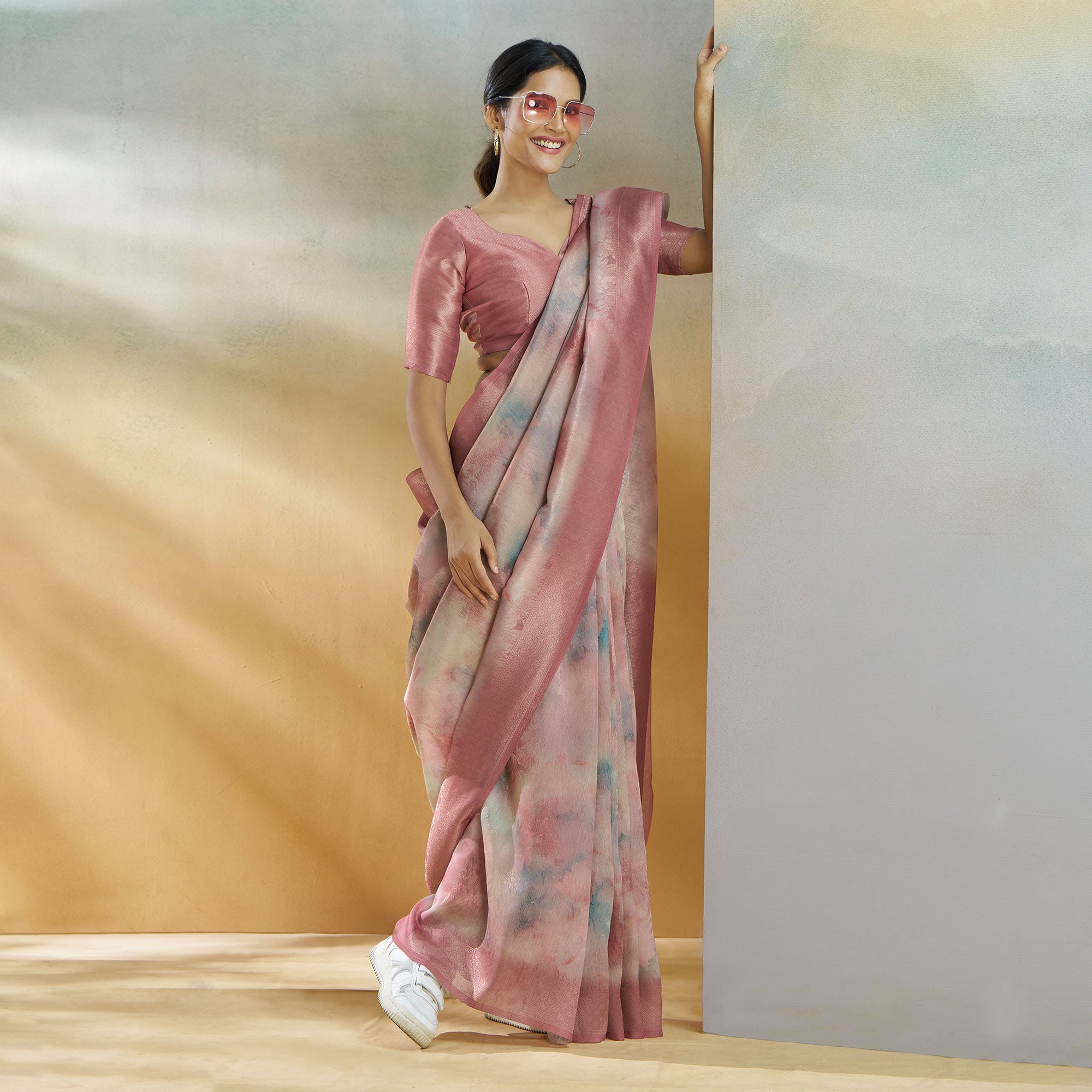 Pink Woven With Digital Printed Linen Saree