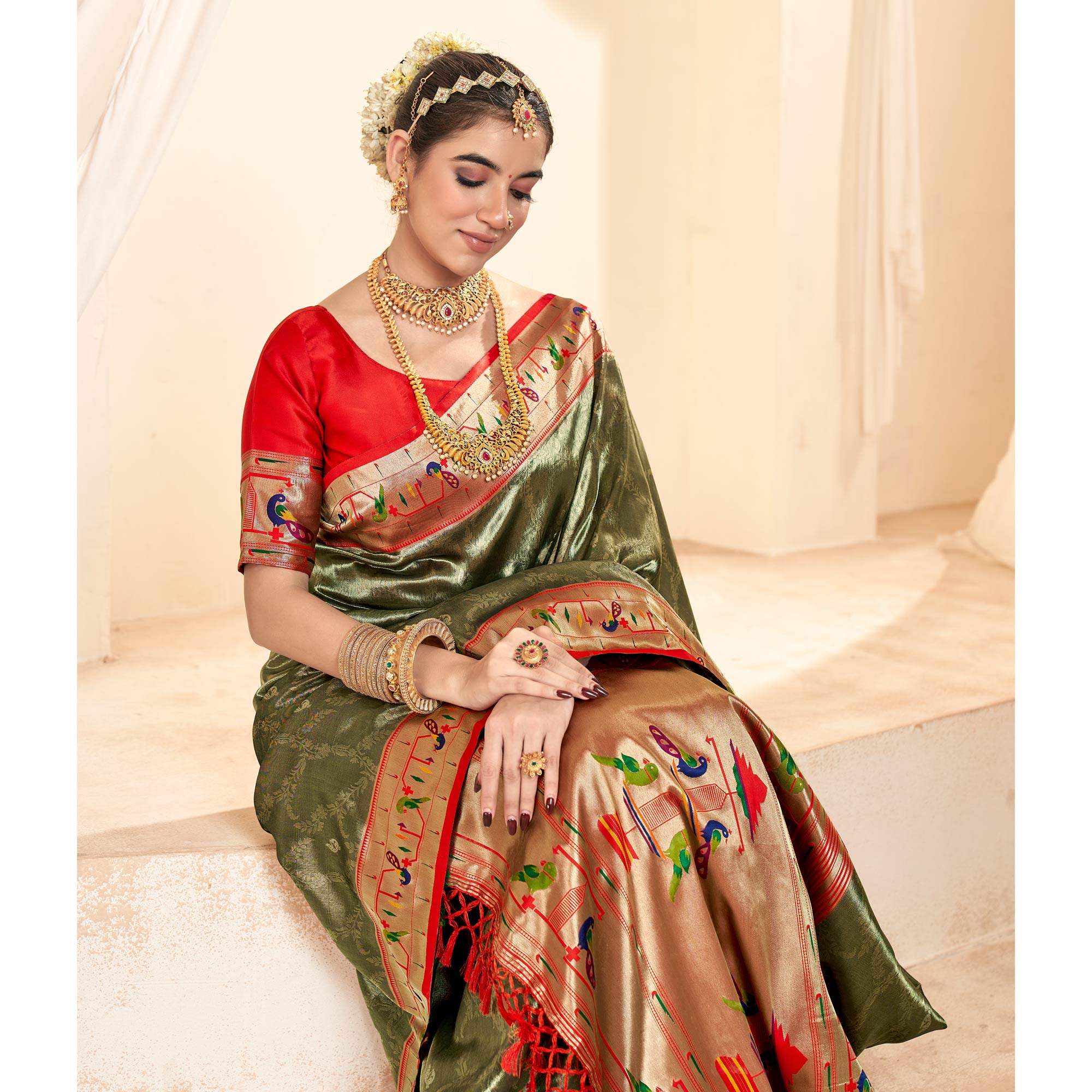 Olive Green Woven Tissue Paithani Saree With Tassels