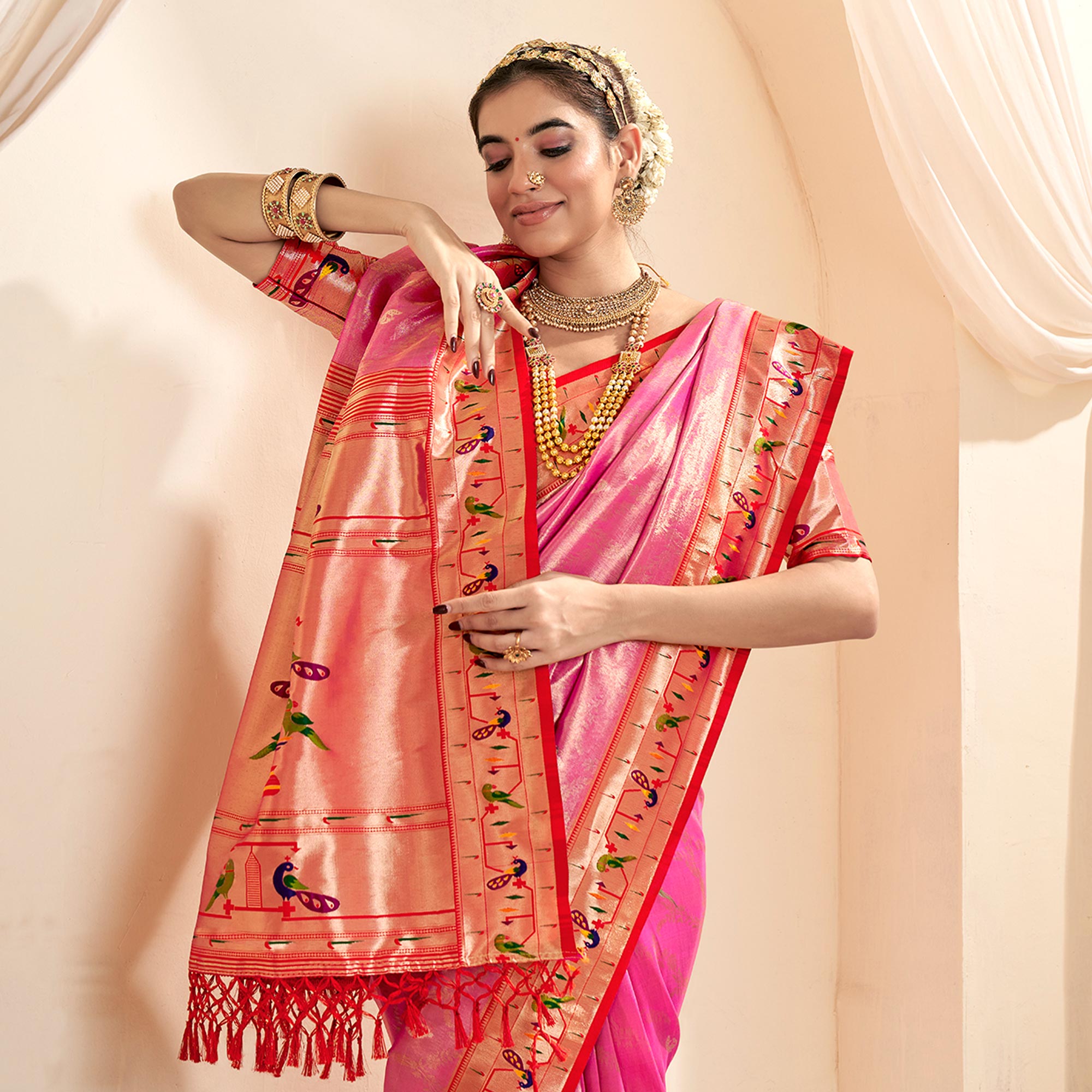 Pink Woven Tissue Paithani Saree With Tassels