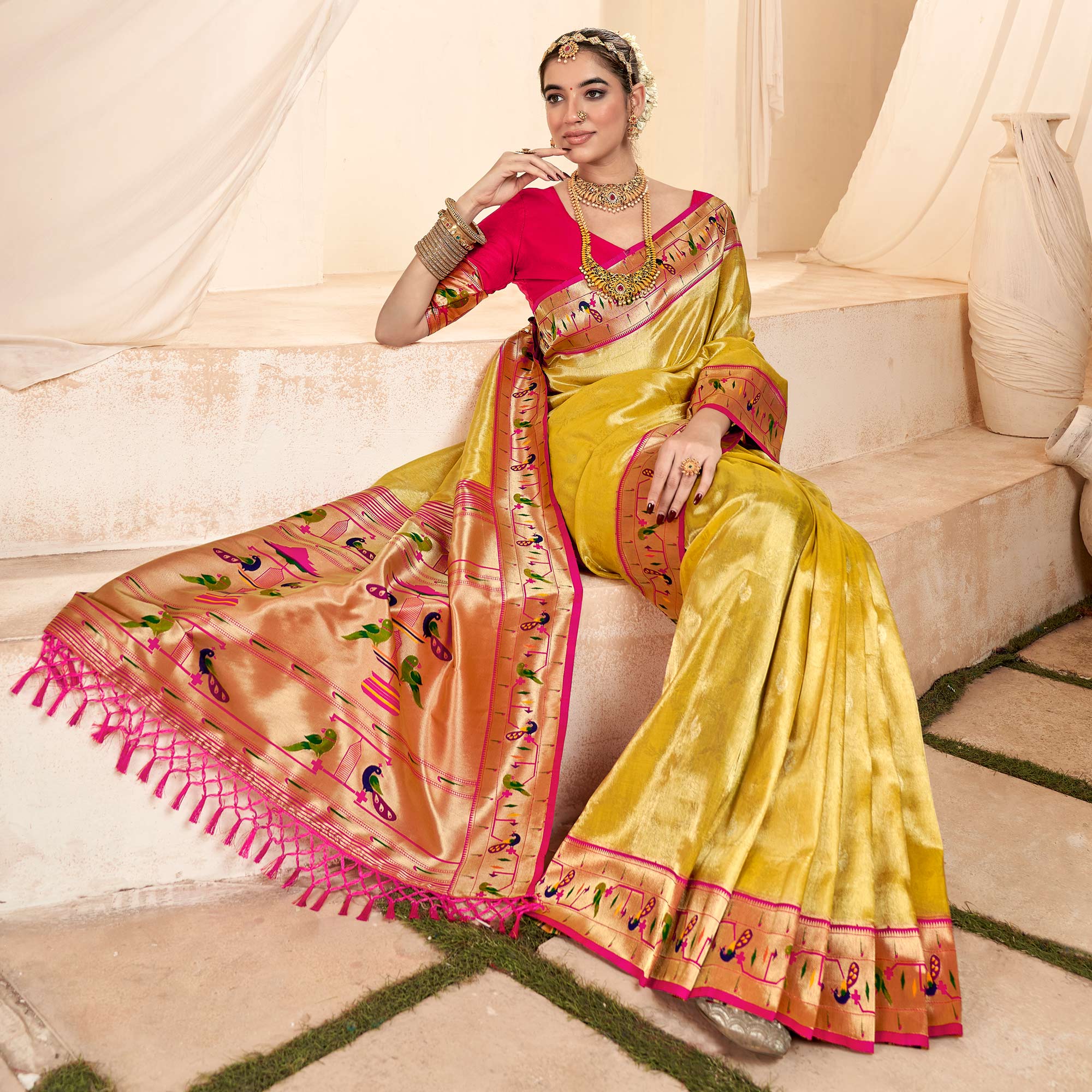 Yellow Woven Tissue Paithani Saree With Tassels