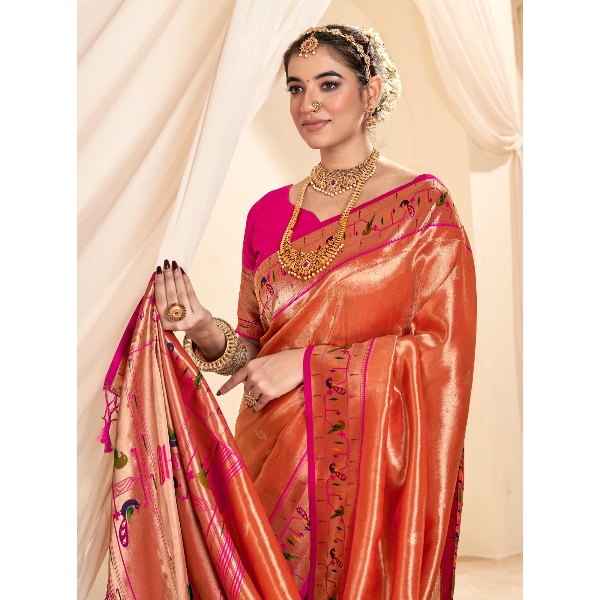 Orange Woven Tissue Paithani Saree With Tassels