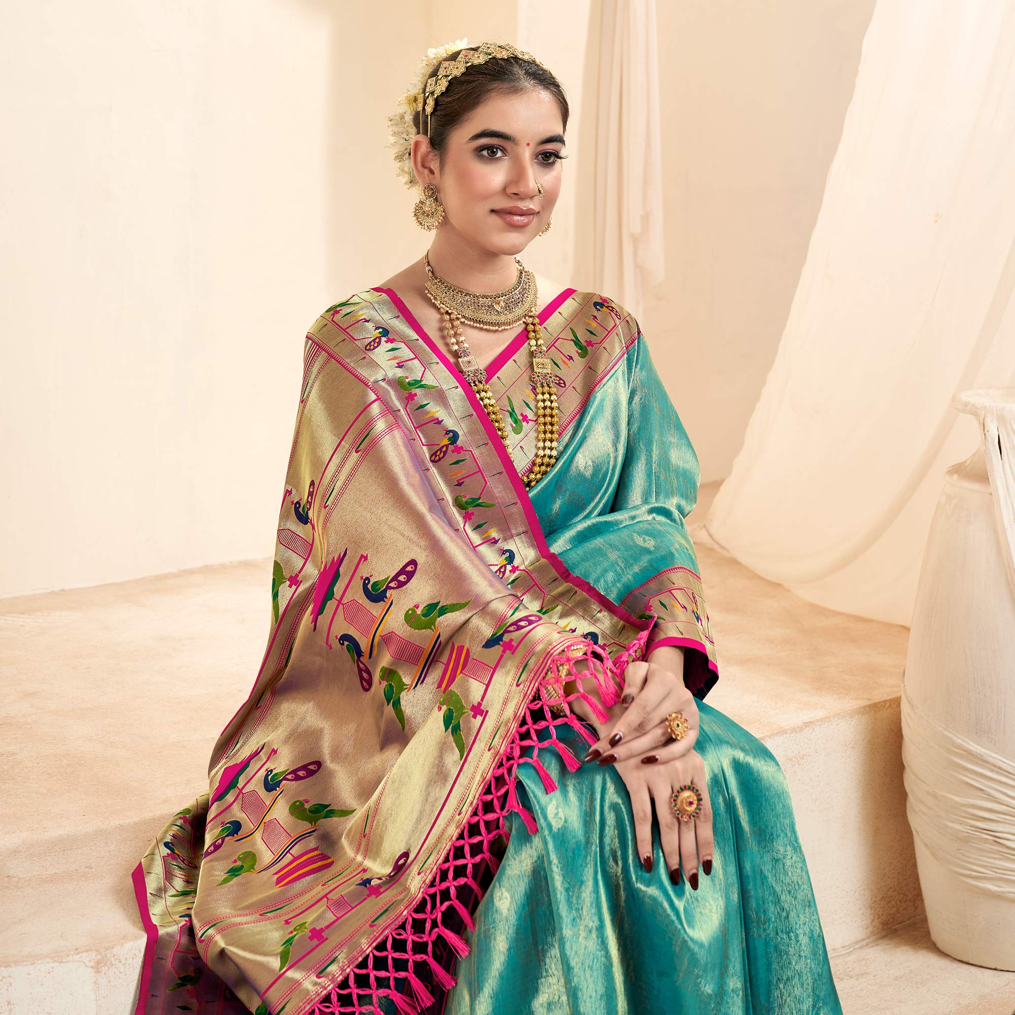 Turquoise Woven Tissue Paithani Saree With Tassels