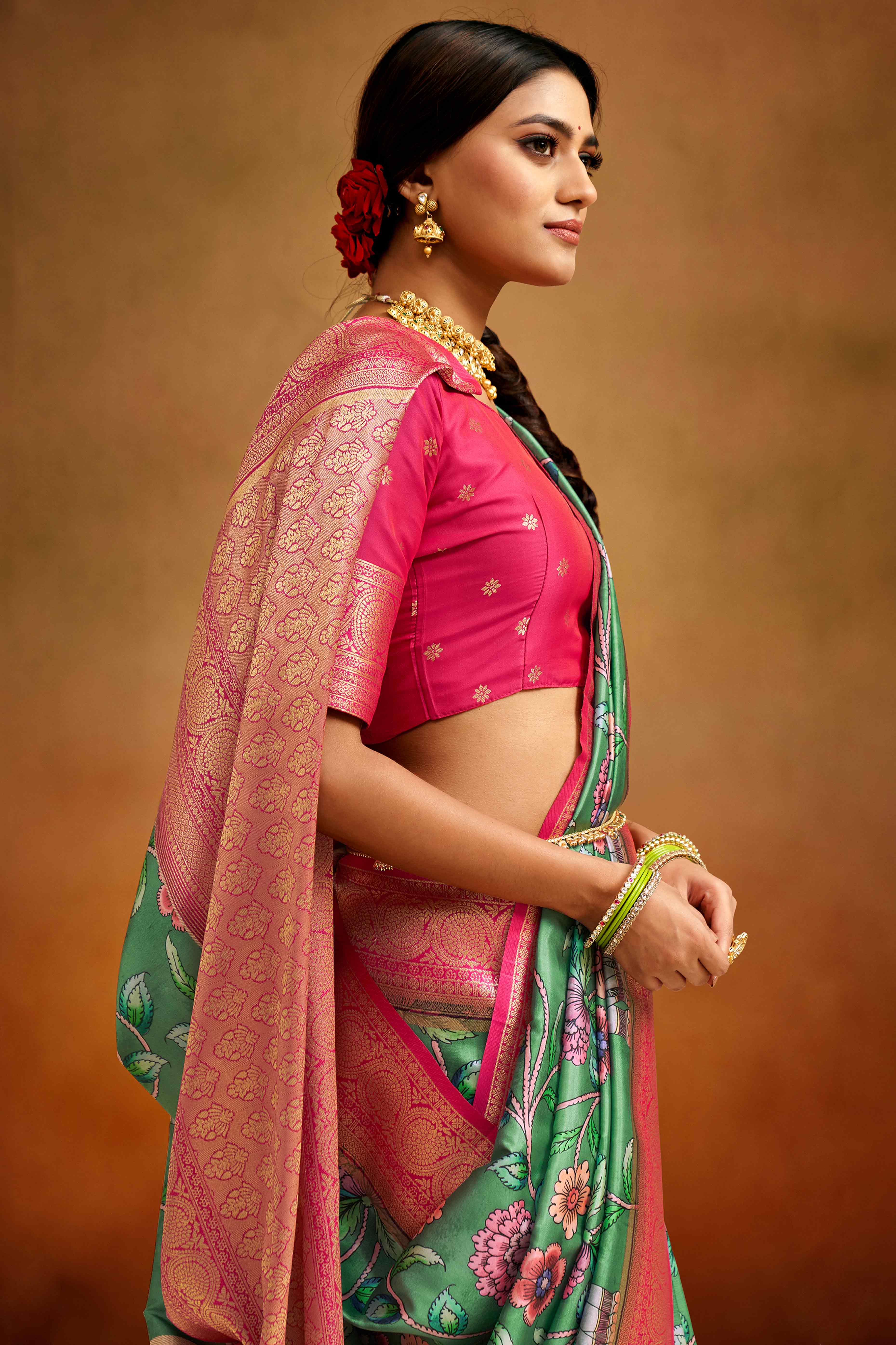 Sea Green Kalamkari Printed Tussar Silk Saree With Banarasi Border
