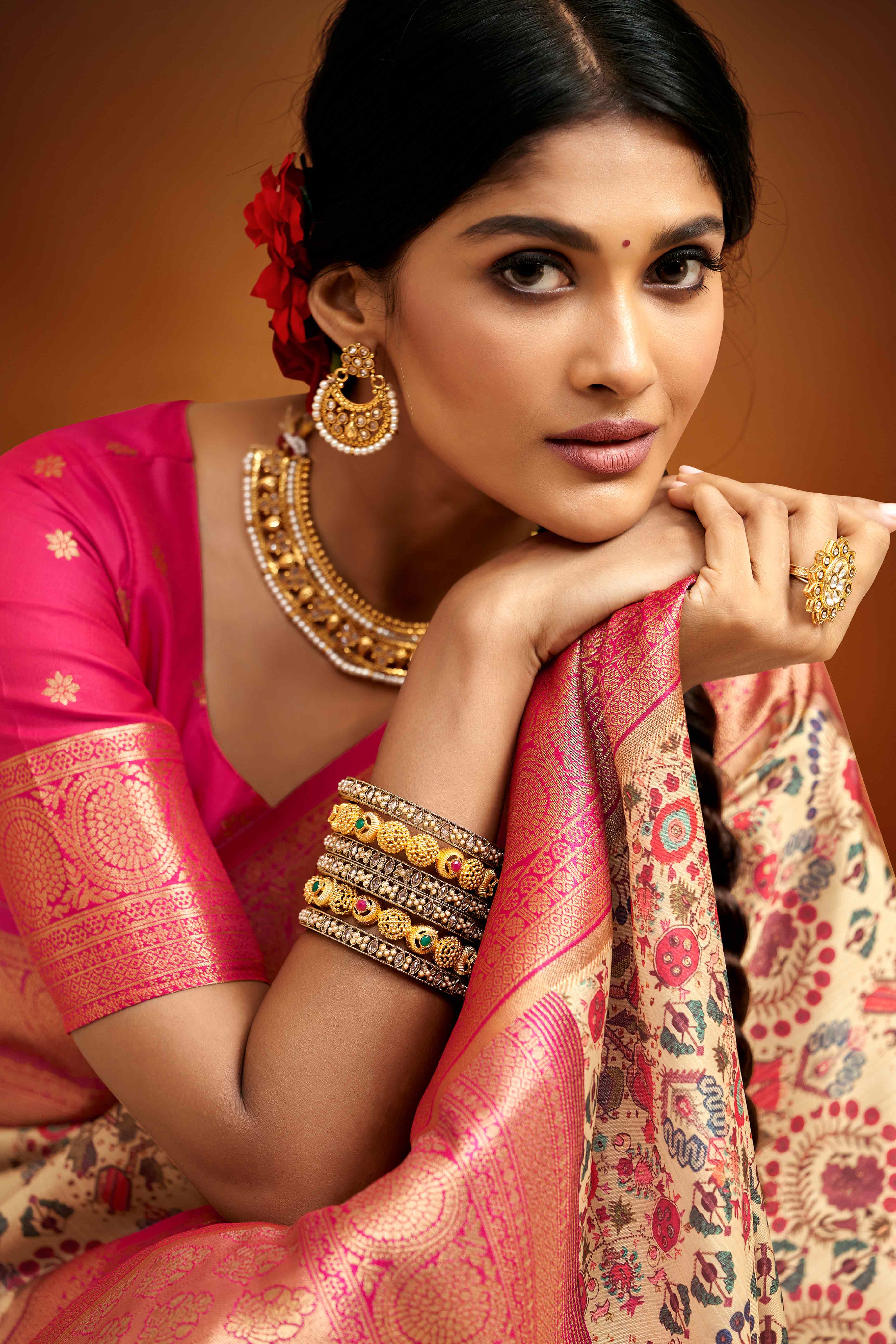 Off White Kalamkari Printed Tussar Silk Saree With Banarasi Border