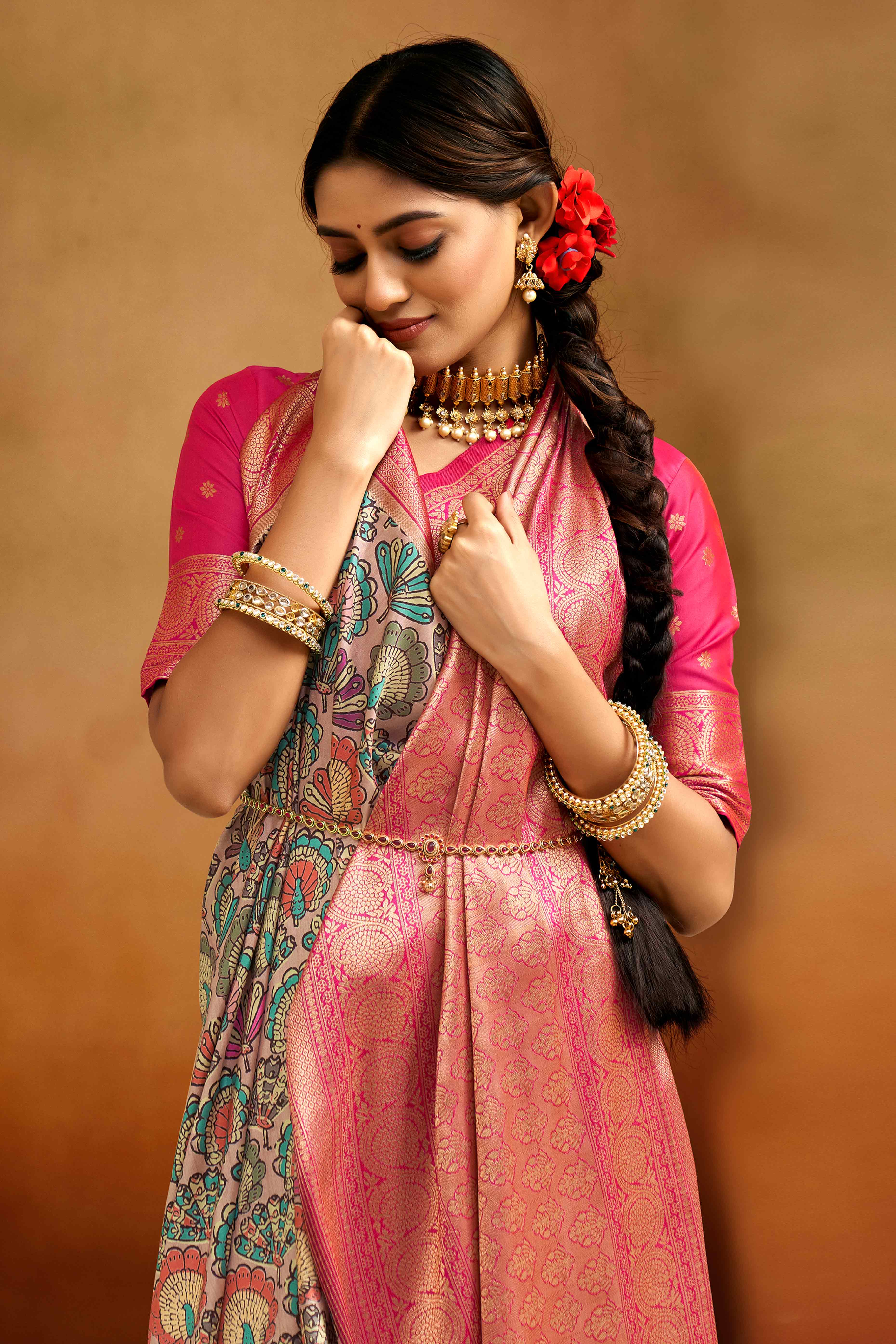 Peach Kalamkari Printed Tussar Silk Saree With Banarasi Border