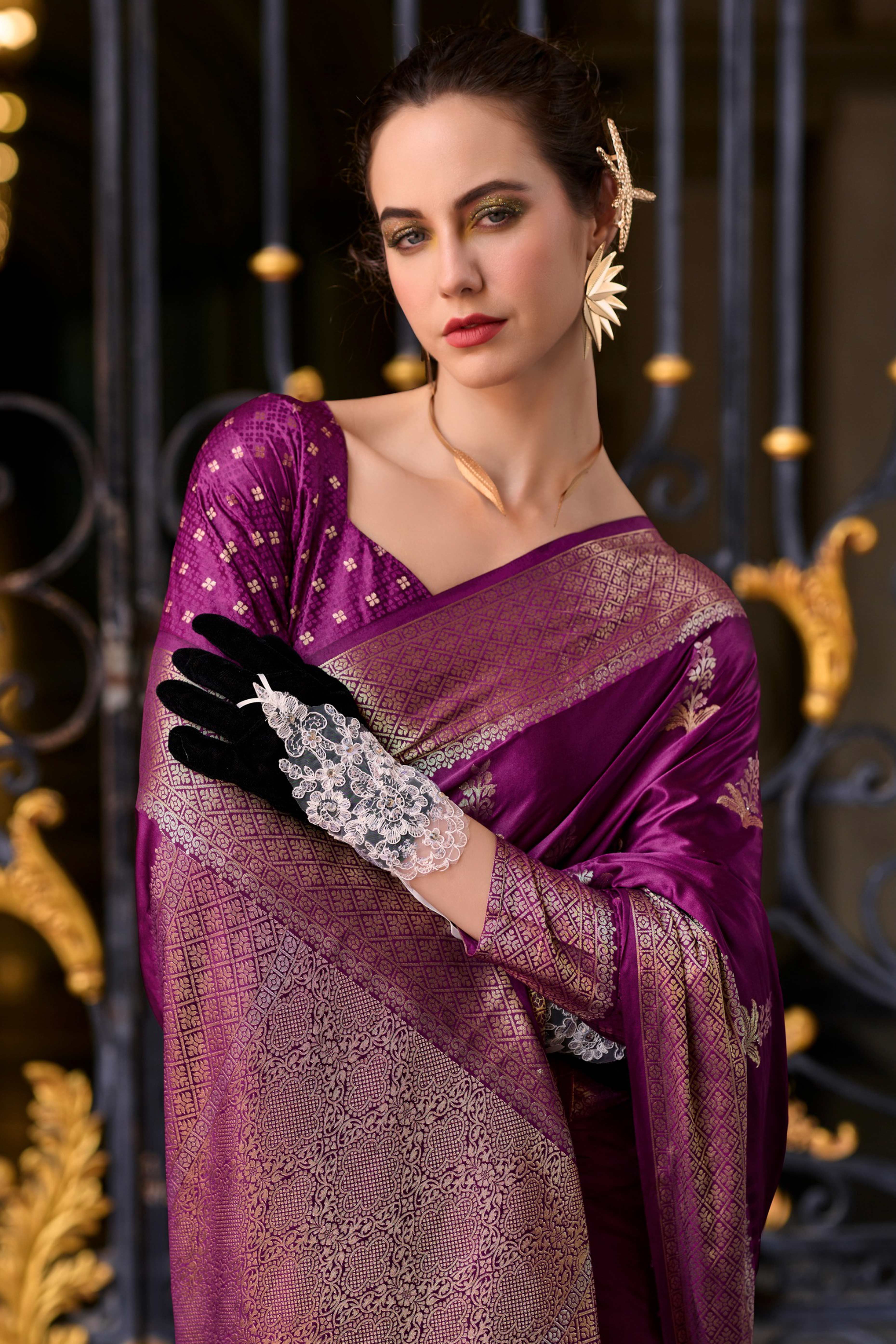 19Purple Satin Saree with Floral Zari Weaving
