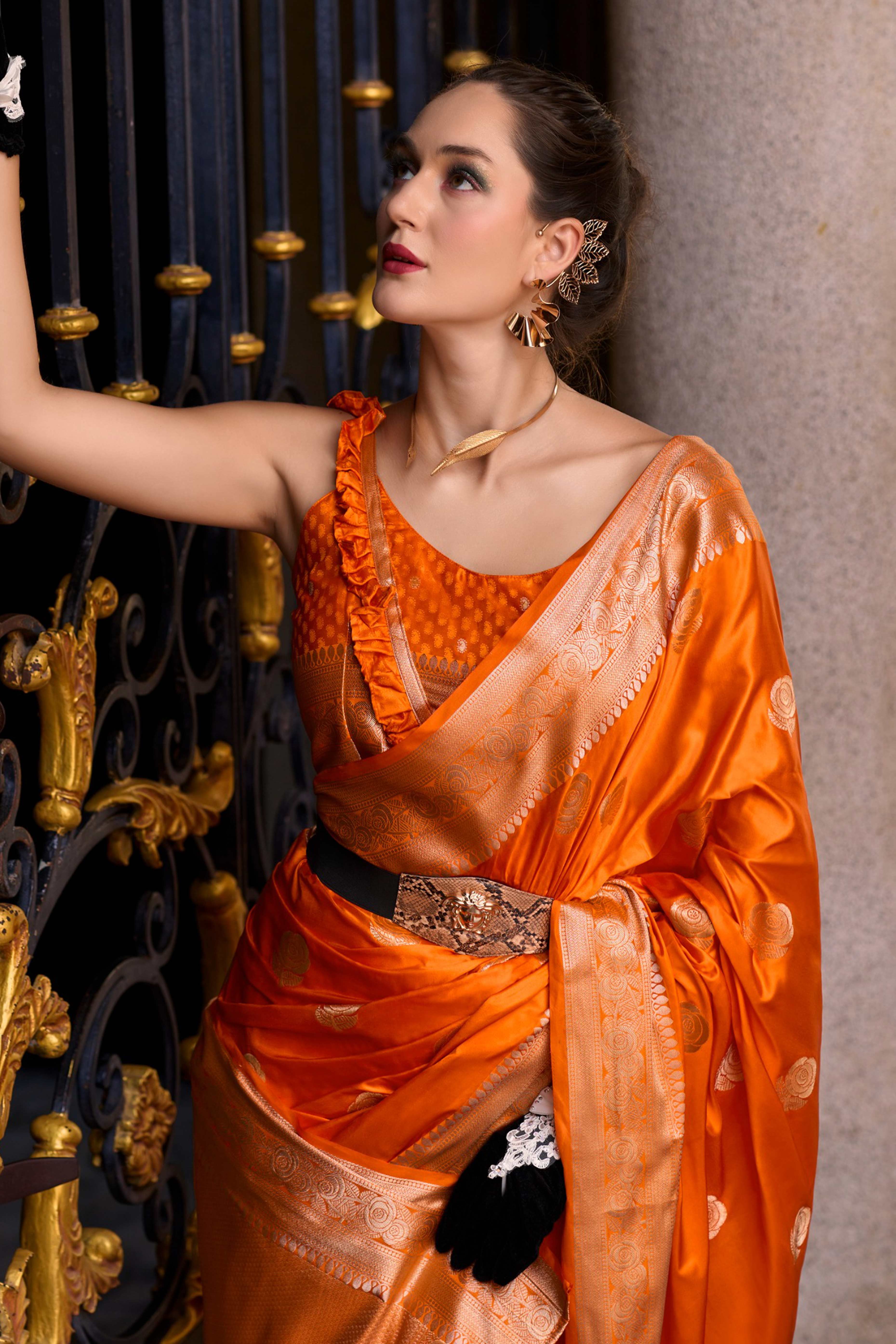 20Orange Satin Saree with Floral Zari Weaving