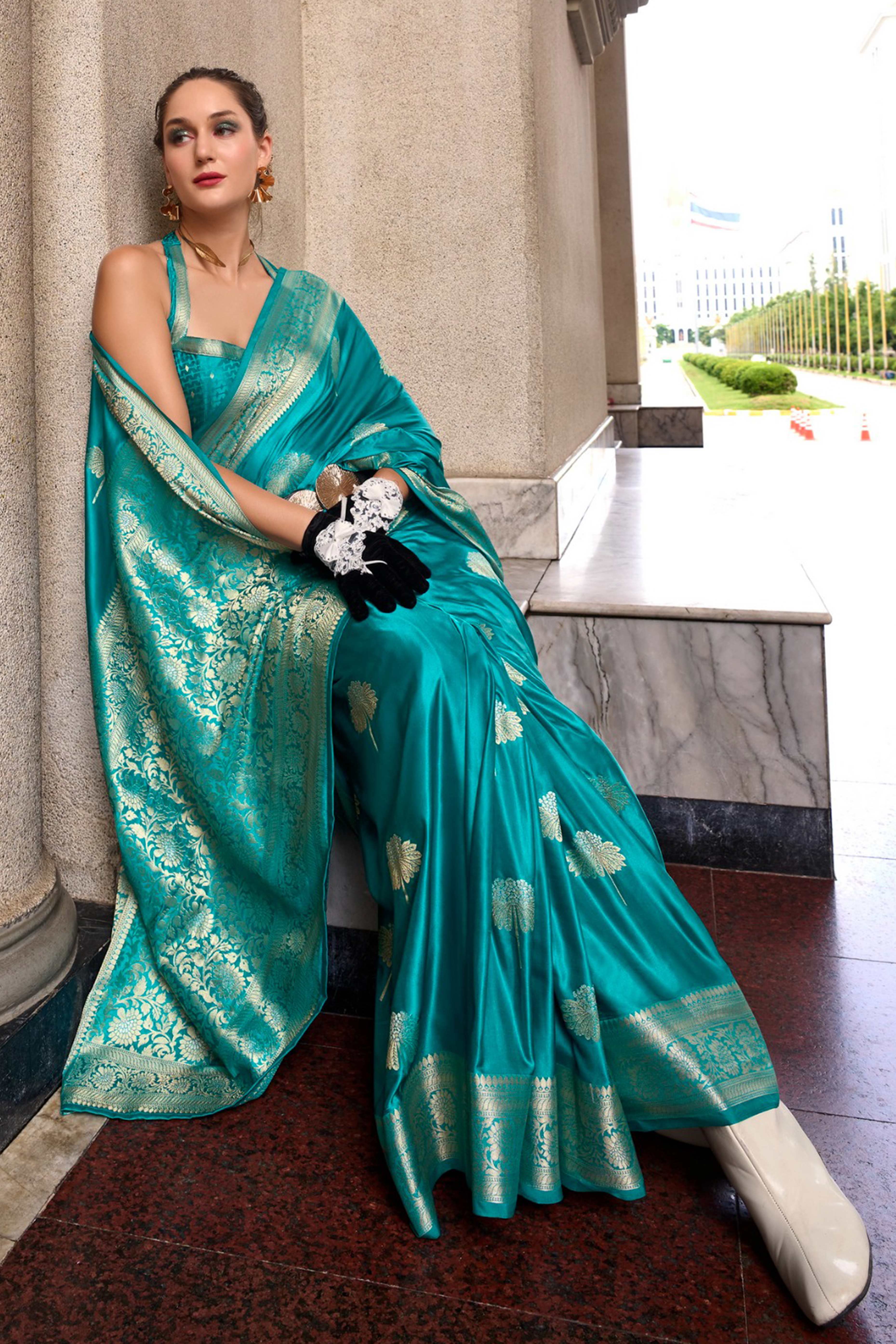 22Rama Blue Satin Saree with Floral Zari Weaving