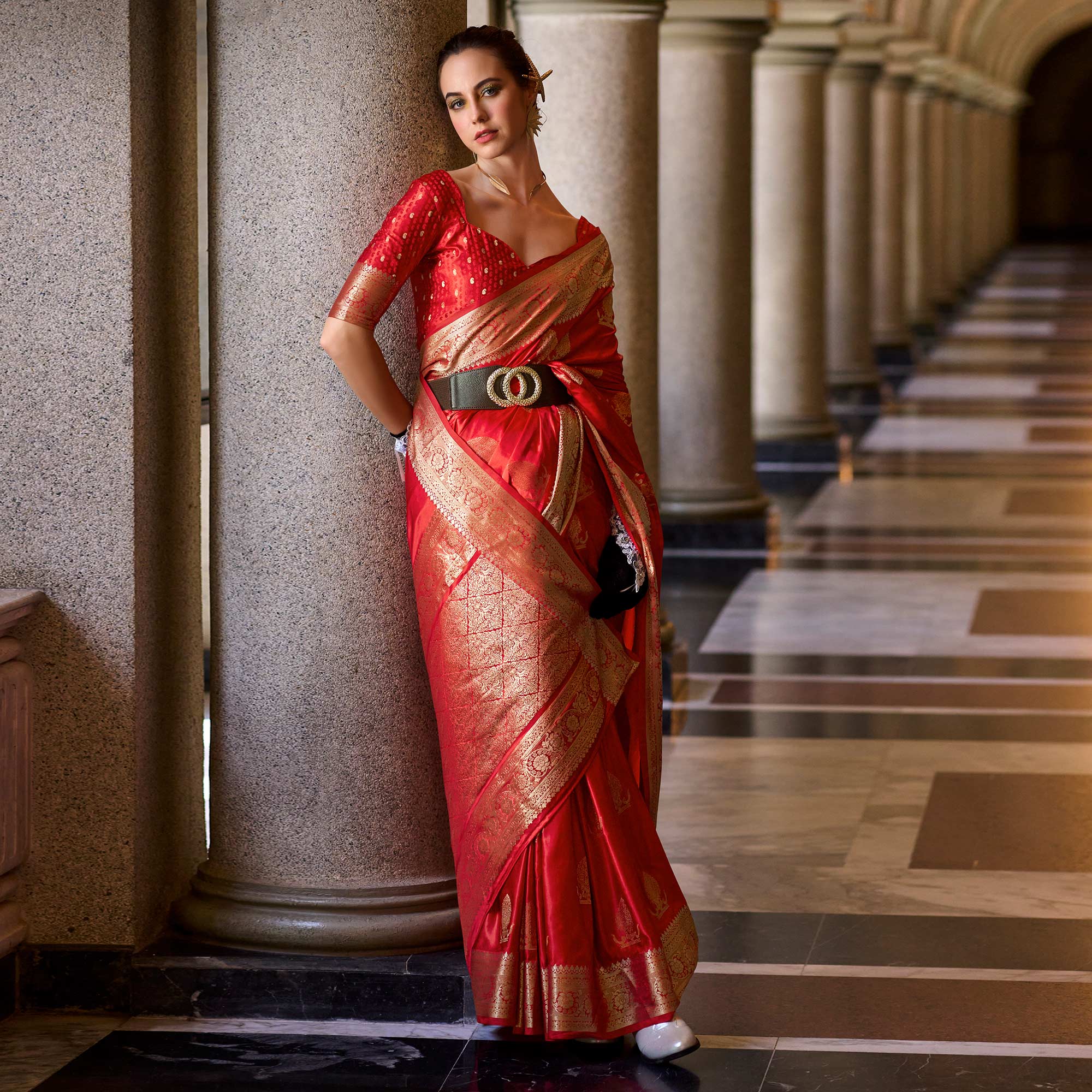 Red Floral Woven Satin Silk Saree