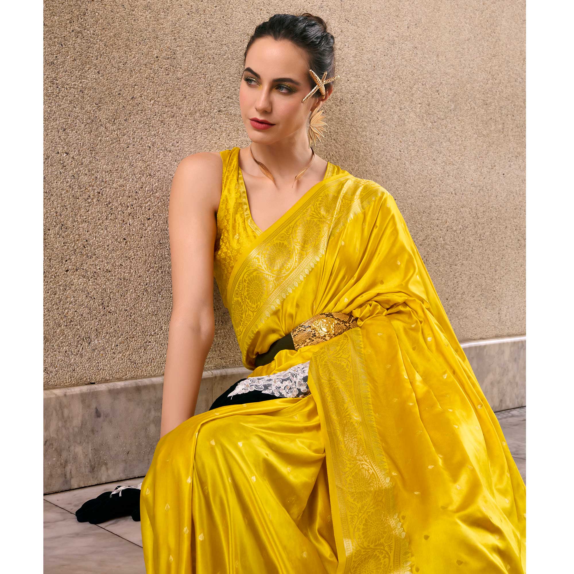 Yellow Floral Woven Satin Silk Saree