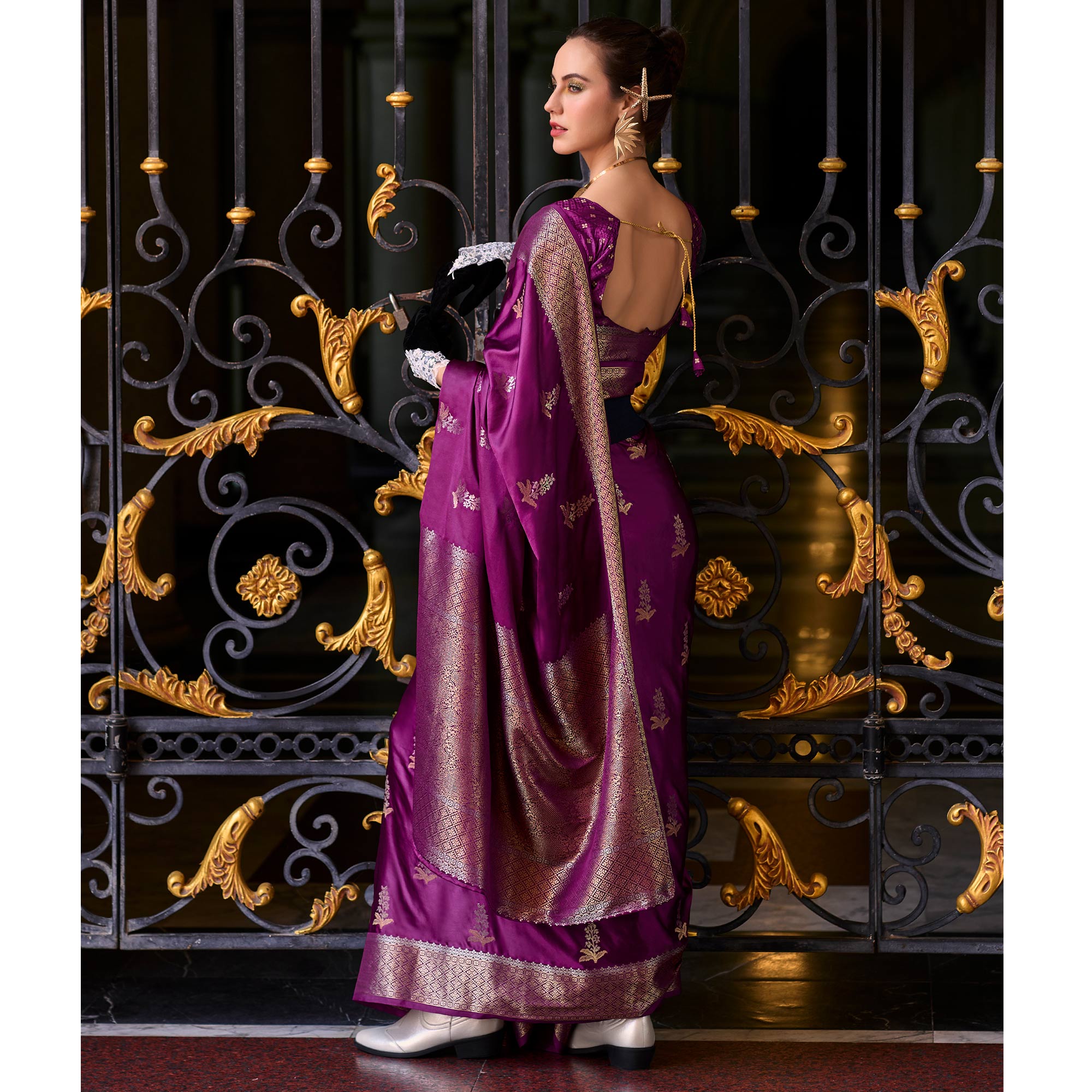 Purple Floral Woven Satin Silk Saree