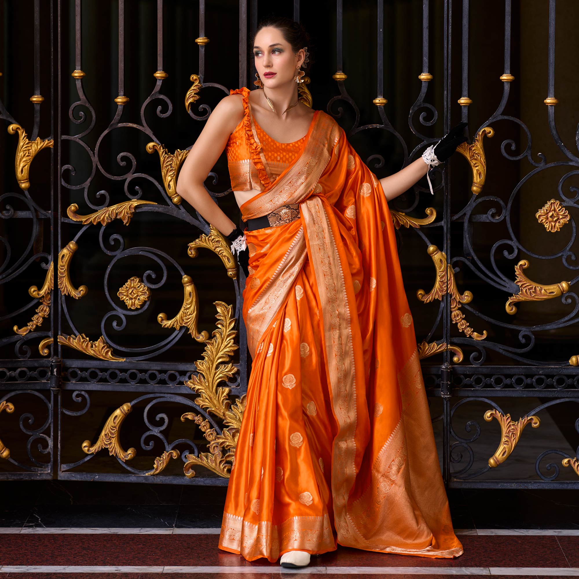 Orange Floral Woven Satin Silk Saree