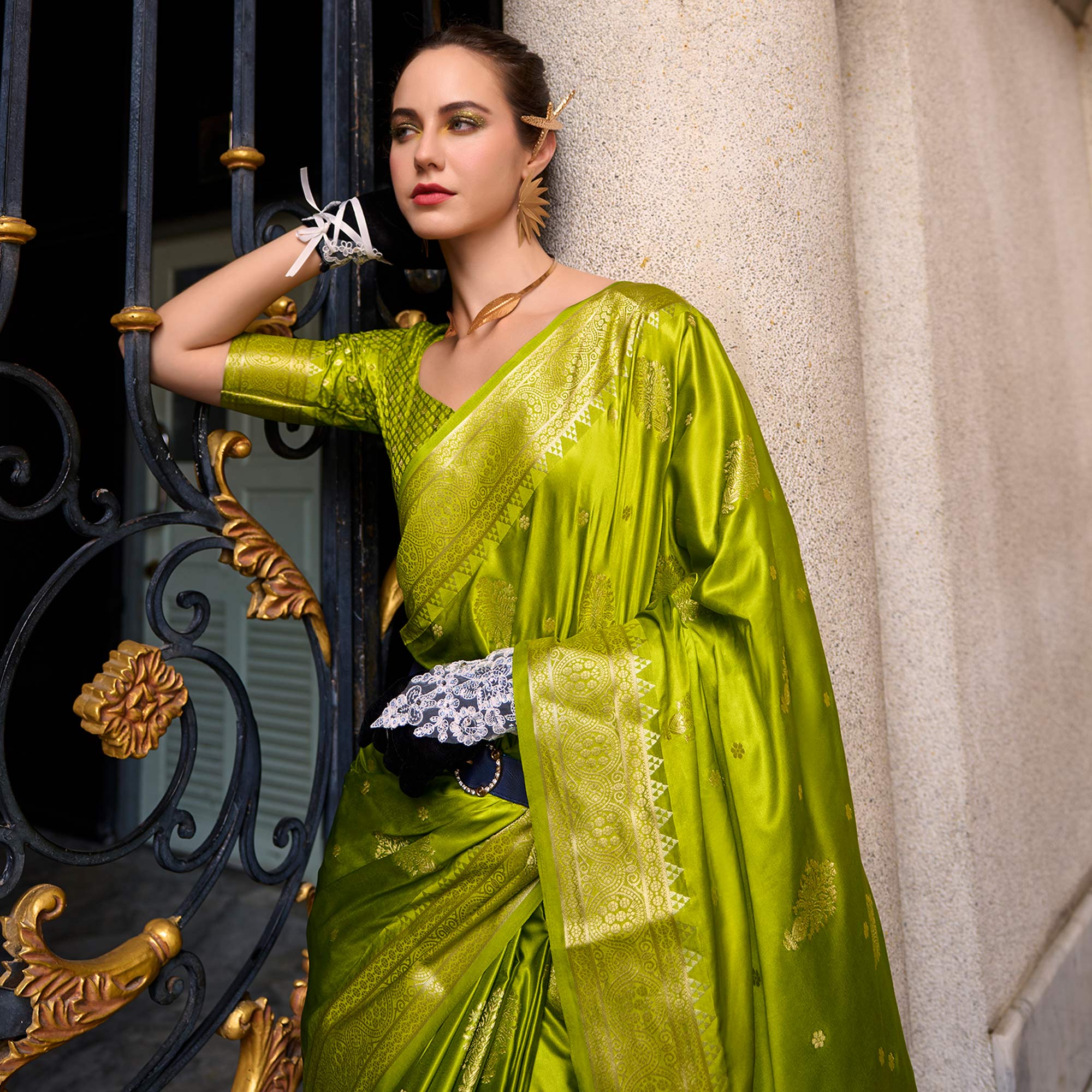 Green Floral Woven Satin Silk Saree