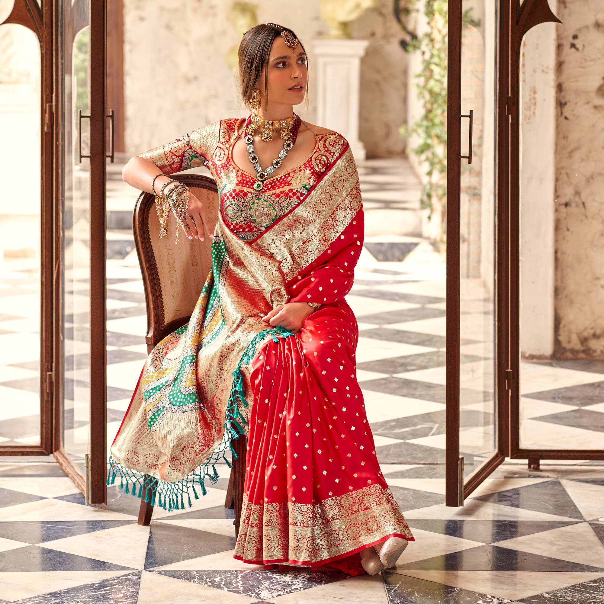 Red Floral Woven Banarasi Silk Saree With Tassels