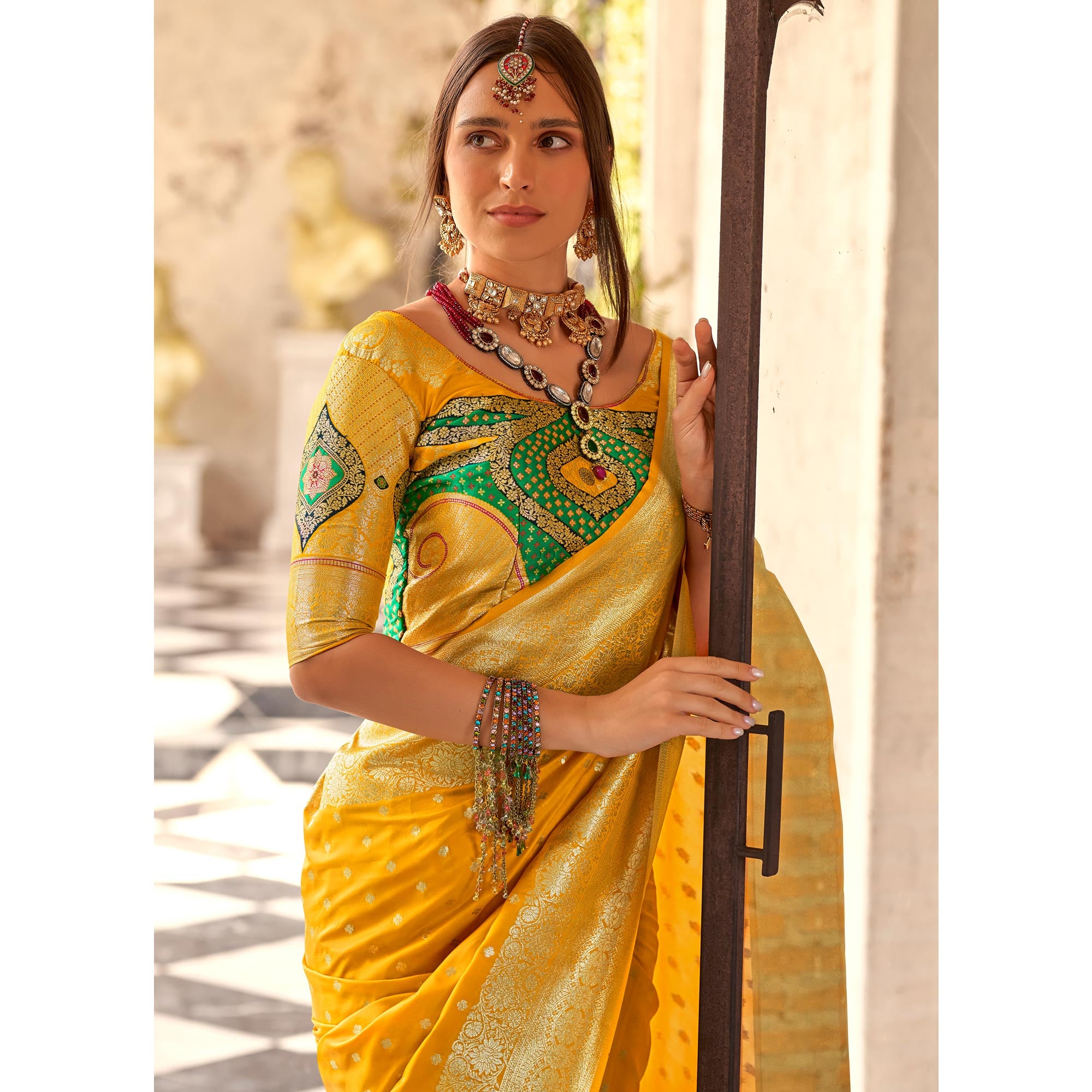 Yellow Floral Woven Banarasi Silk Saree With Tassels