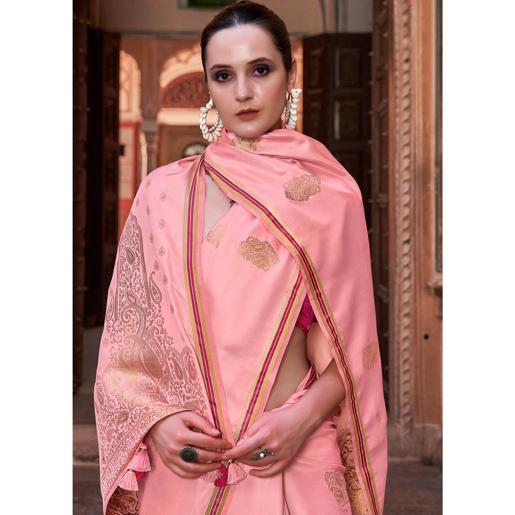 Pink Woven Satin Saree With Tassels
