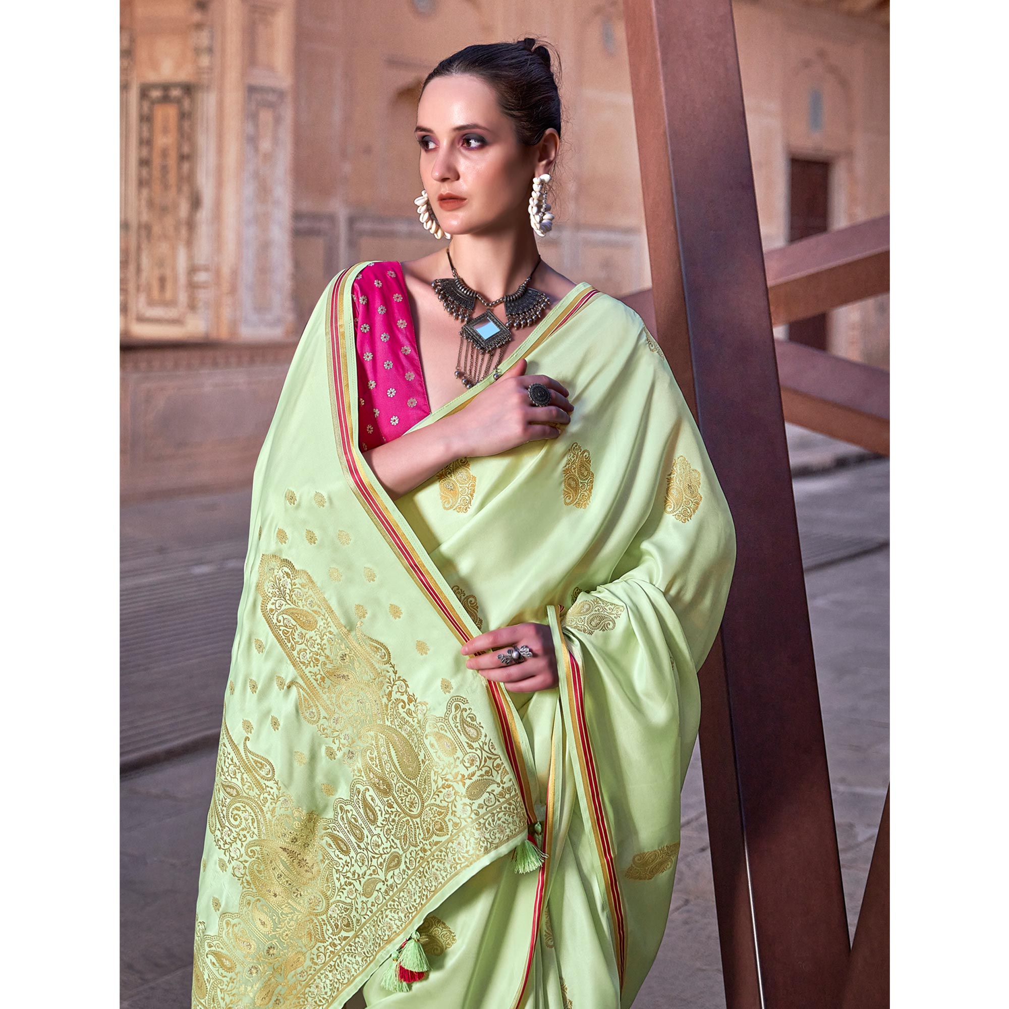 Green Woven Satin Saree With Tassels