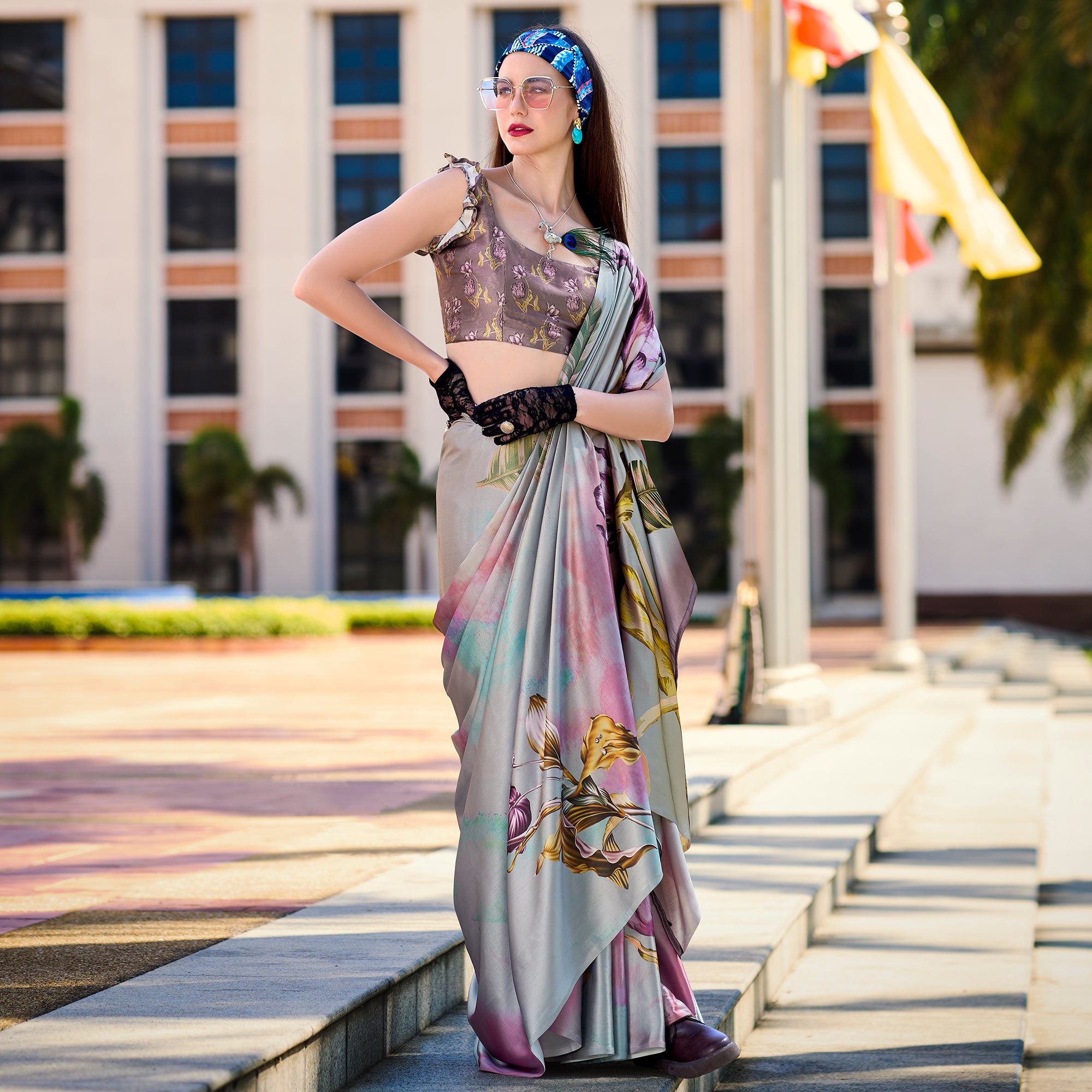 Grey Floral Digital Printed Pure Satin Saree