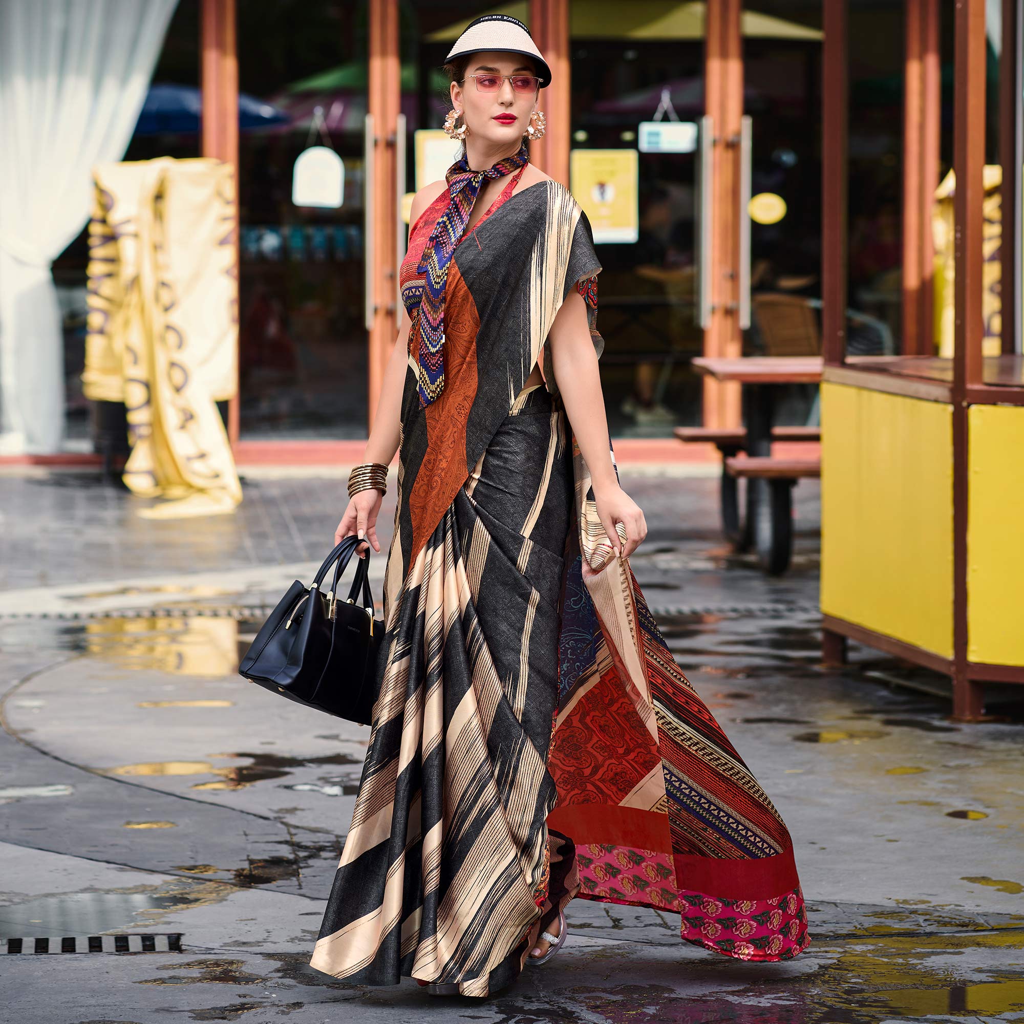 Multicolor Striped Digital Printed Pure Satin Saree