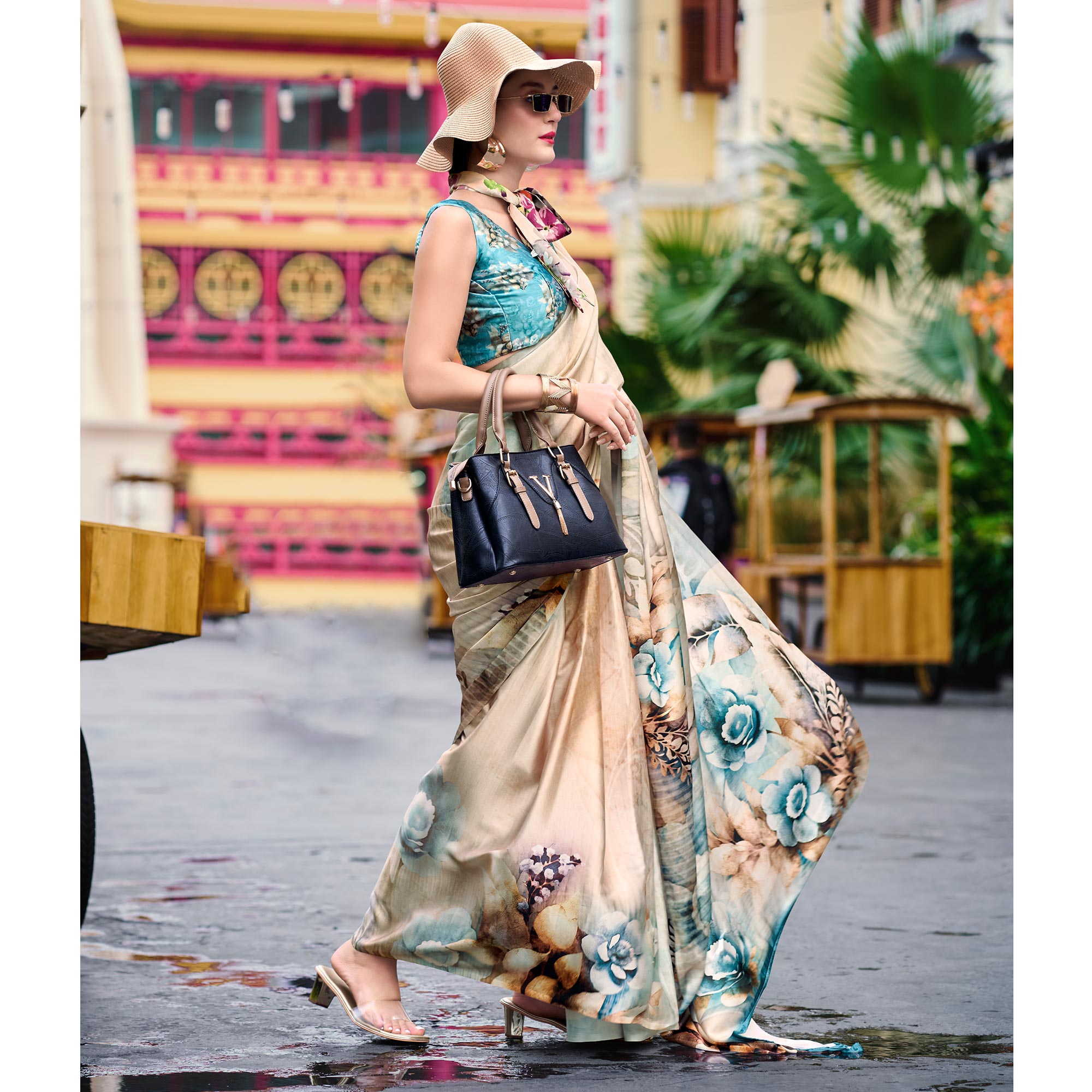 Cream Floral Digital Printed Pure Satin Saree