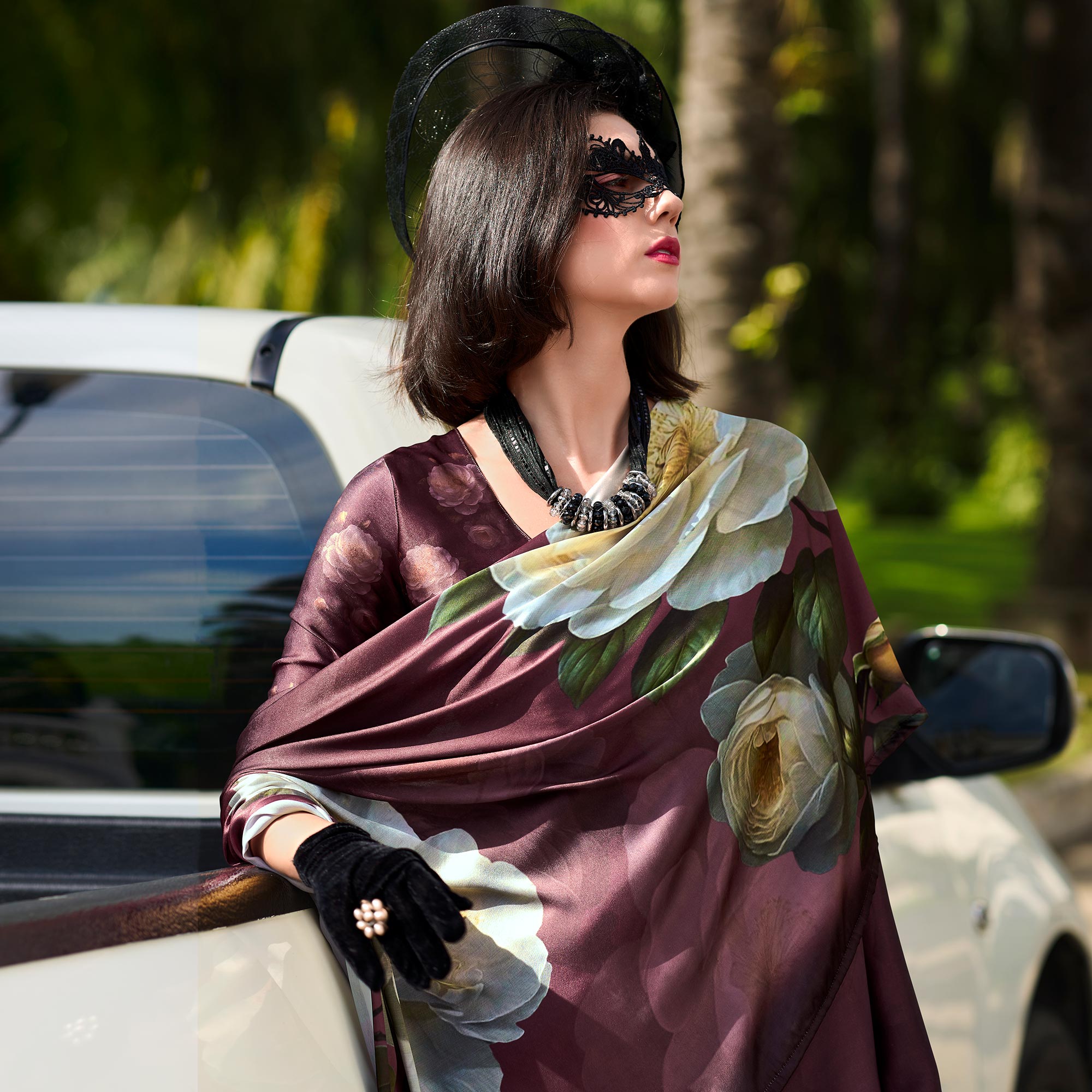 Wine Floral Digital Printed Pure Satin Saree
