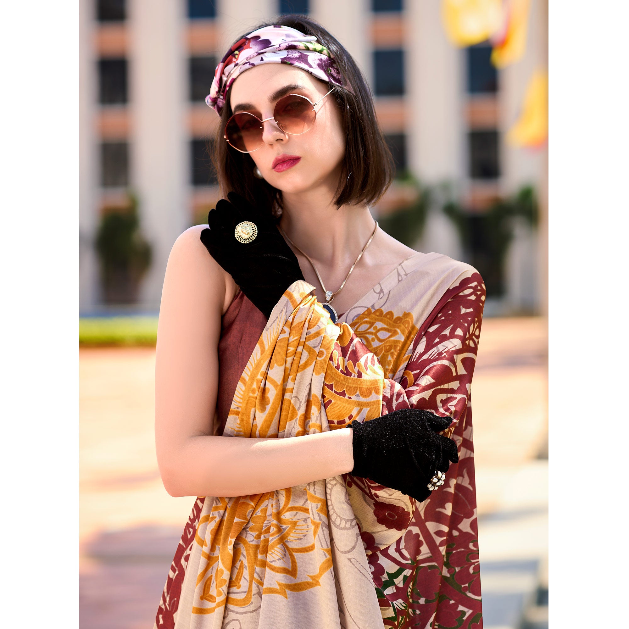 Peach Floral Digital Printed Pure Satin Saree