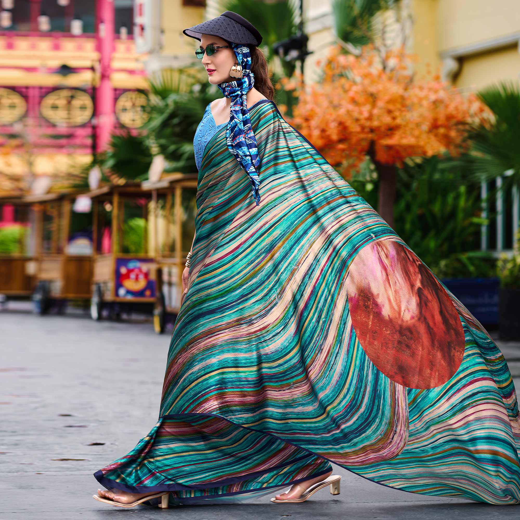 Rama Green Striped Digital Printed Pure Satin Saree