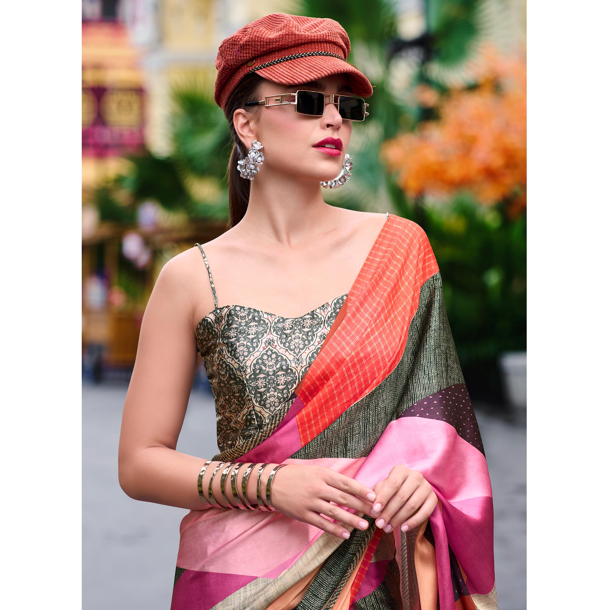 Grey Geometric Digital Printed Pure Satin Saree