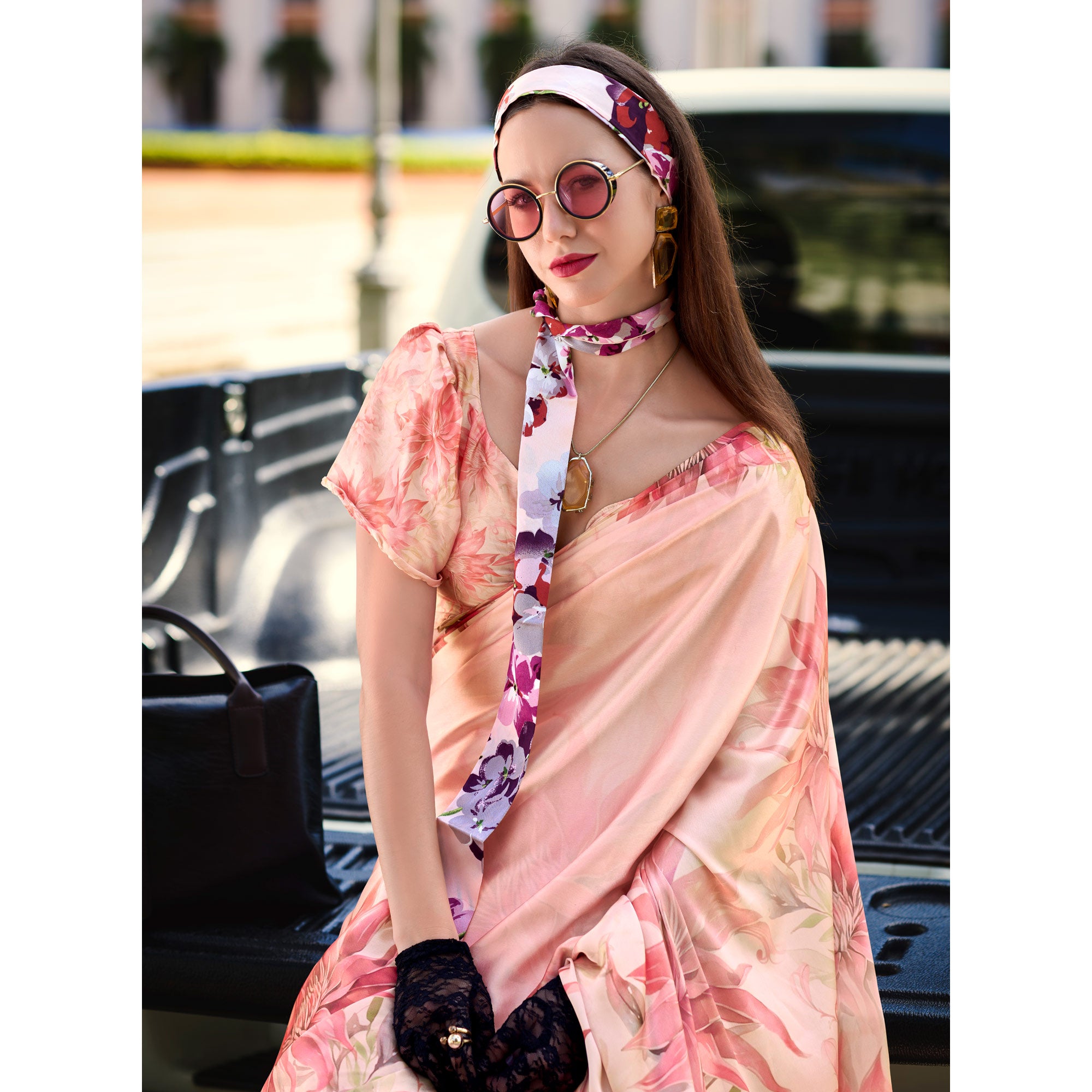 Peach Digital Printed Pure Satin Saree