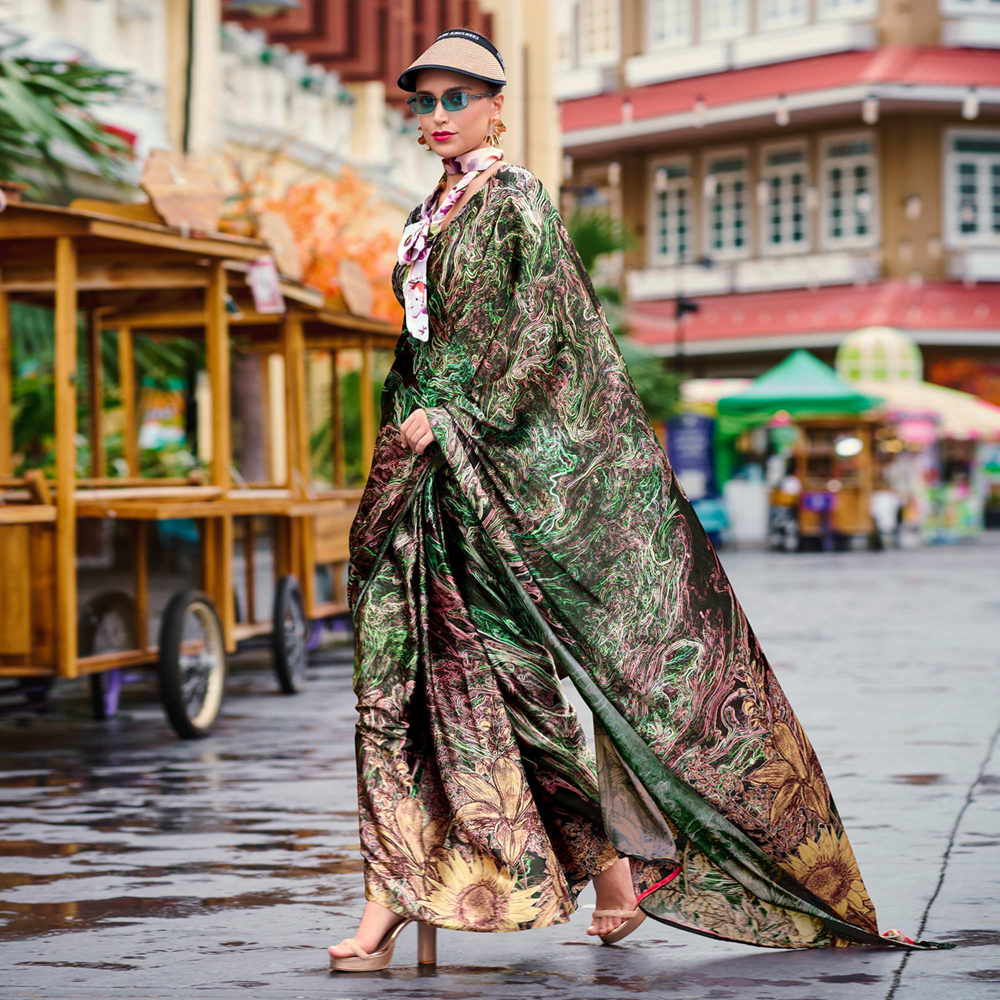 Green Digital Printed Pure Satin Saree