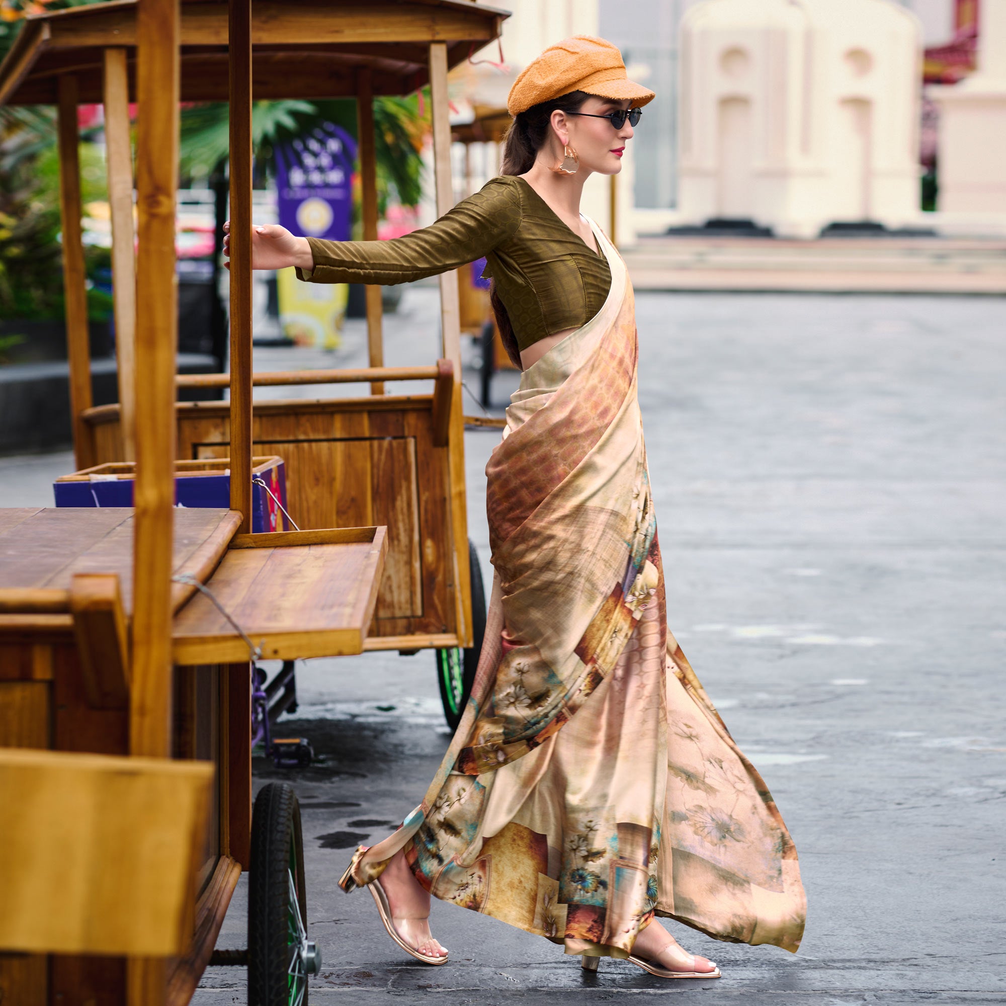 Chikoo Digital Printed Pure Satin Saree