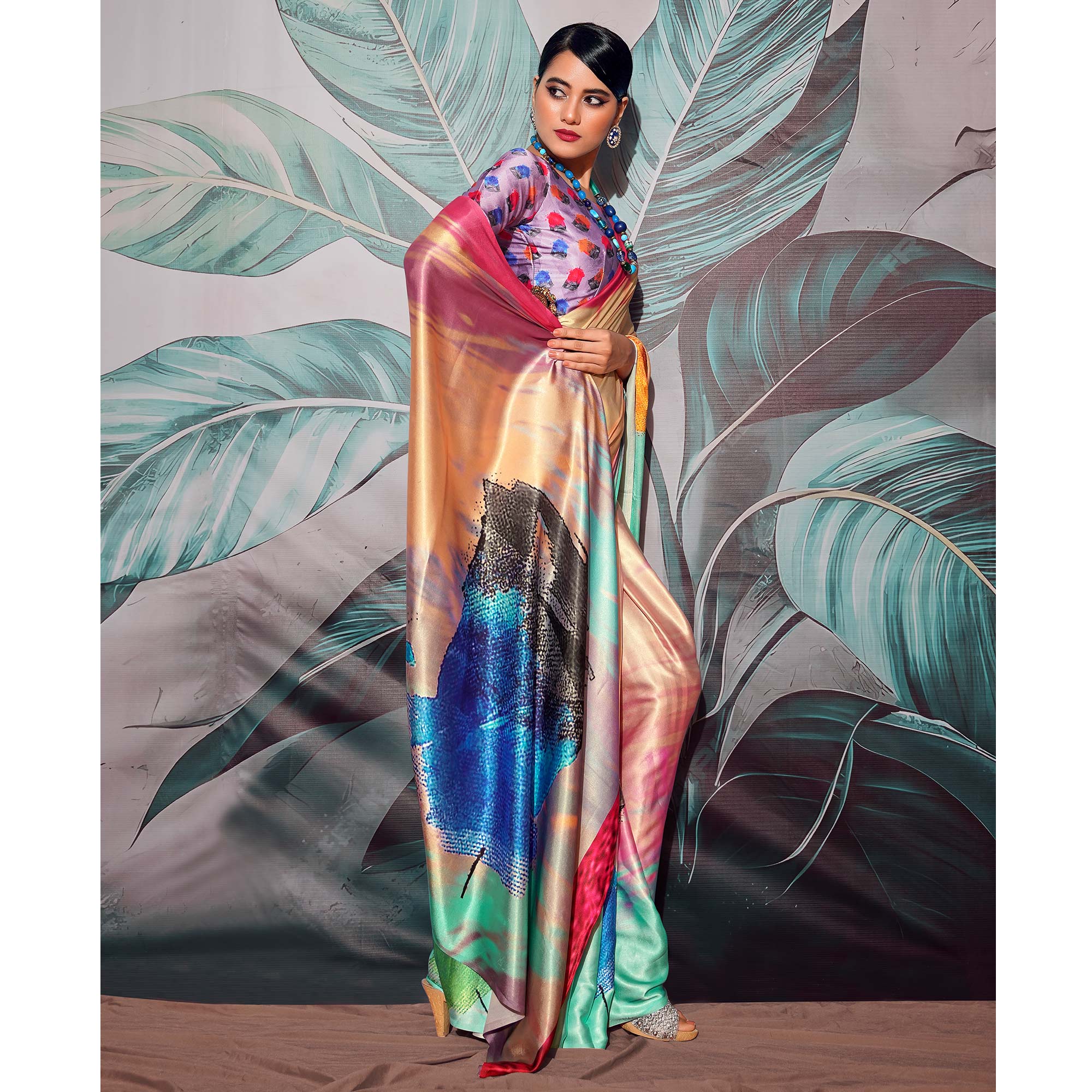 Multicolor Digital Printed Satin Saree