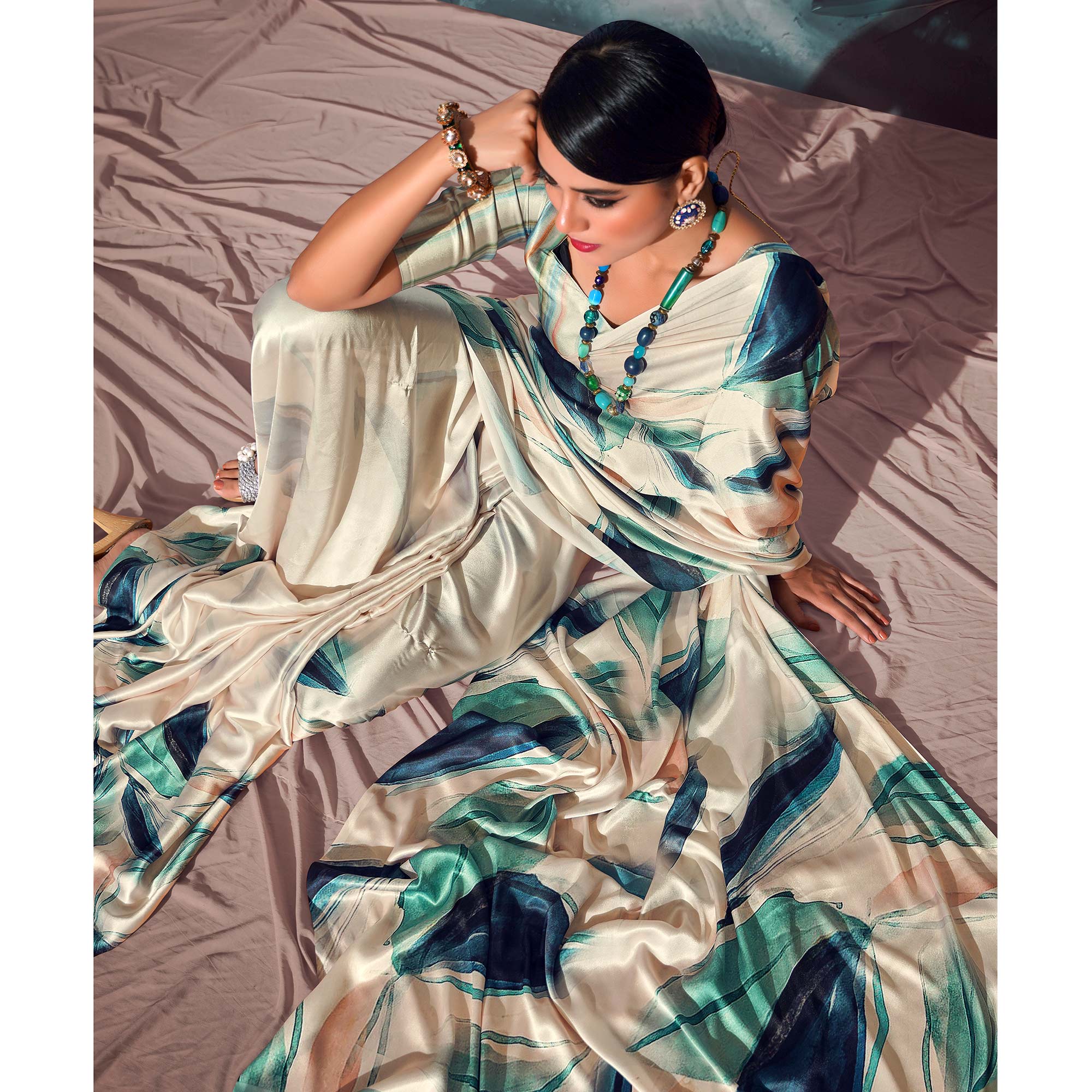 Off White Digital Printed Satin Saree