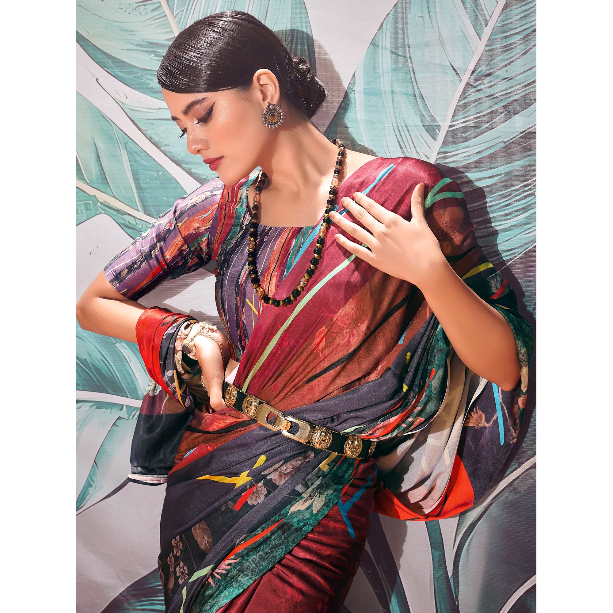 Multicolor Digital Printed Satin Saree