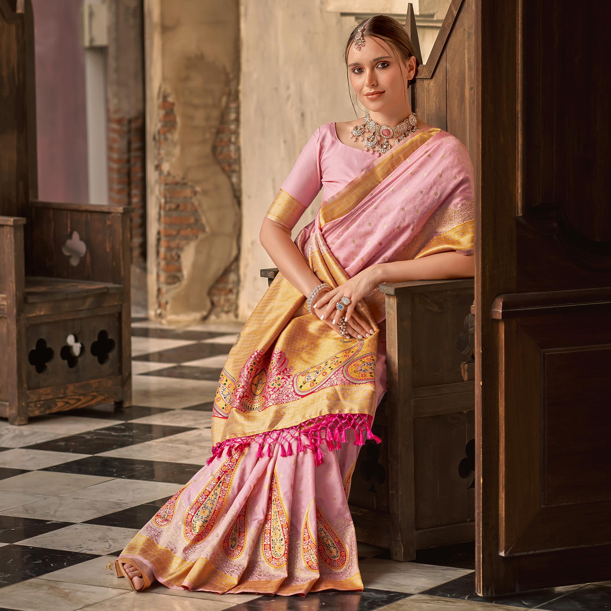 Pink Floral Woven Banarasi Silk Saree With Tassels