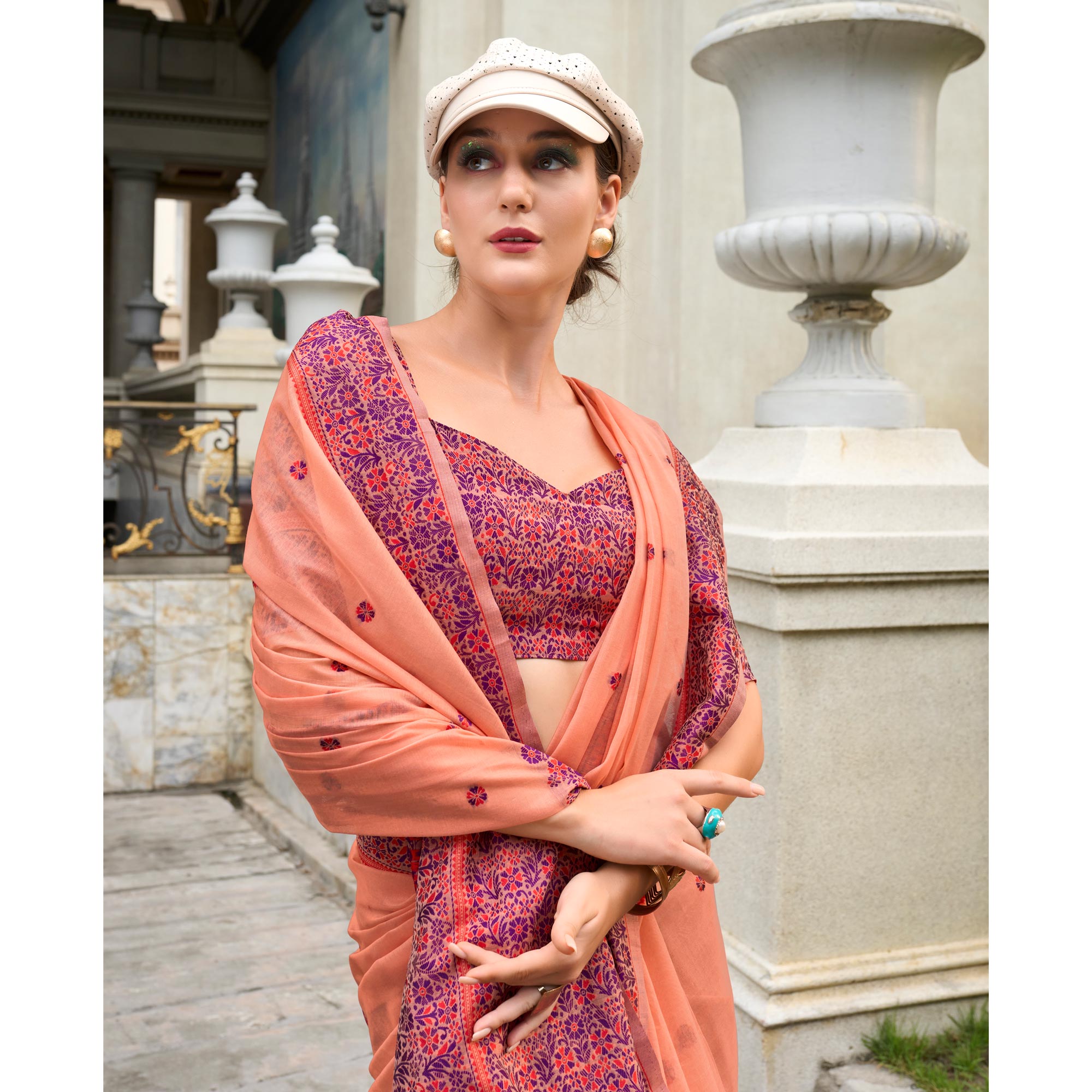 Peach Floral Woven linen Saree