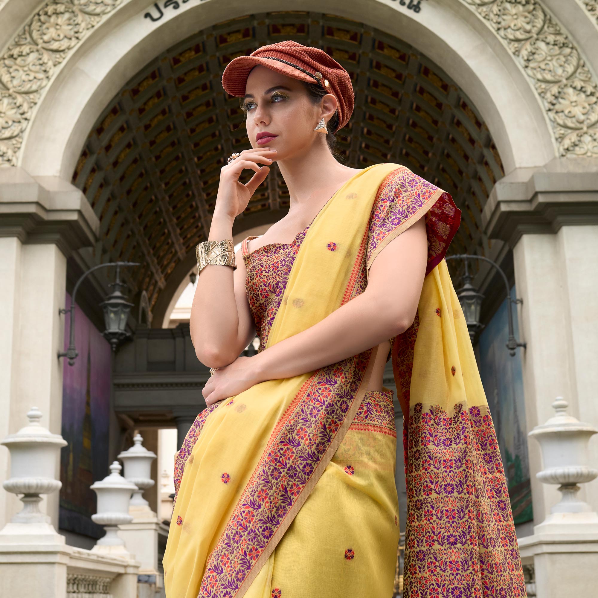 Yellow Floral Woven linen Saree