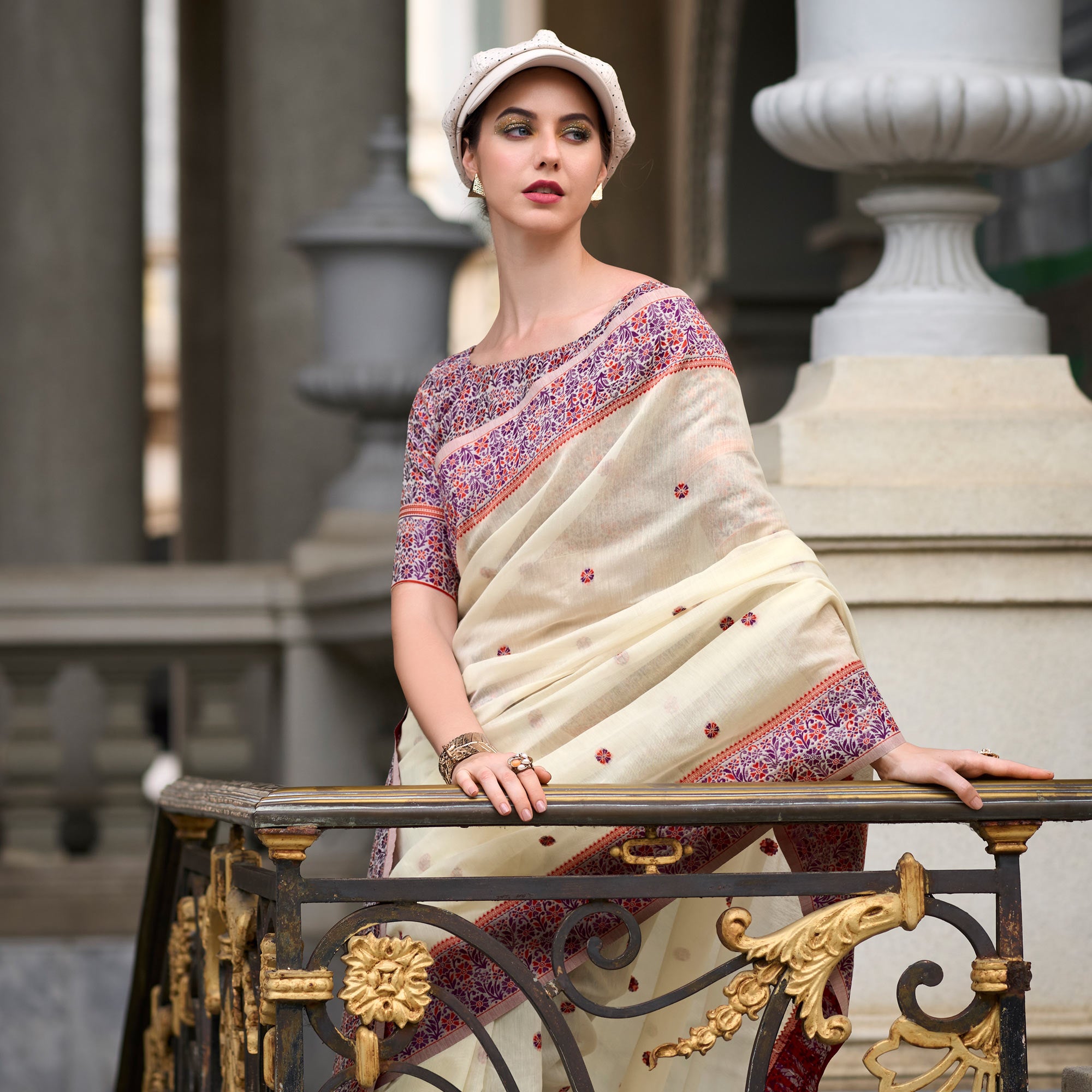 Cream Floral Woven linen Saree