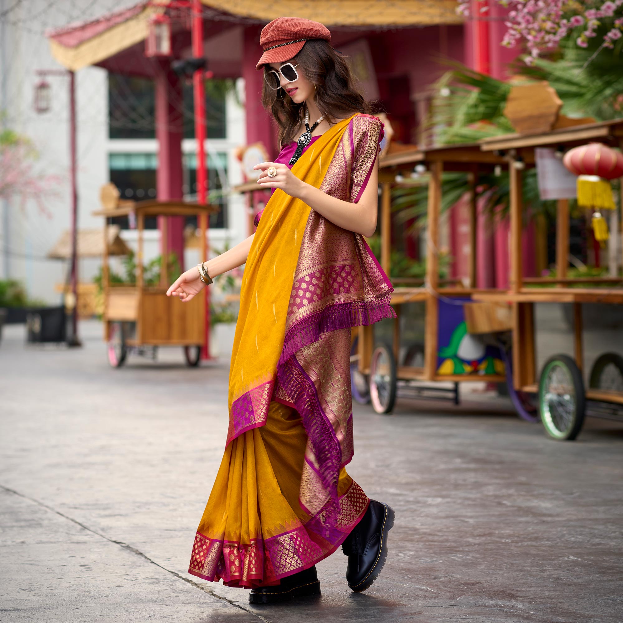 Mustard Zari Motifs Woven Soft Banarasi Silk Saree