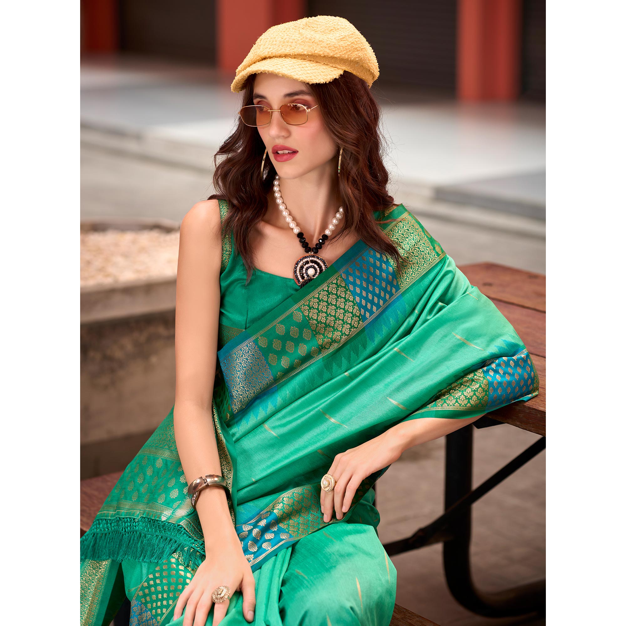 Rexona Green Zari Motifs Woven Soft Banarasi Silk Saree