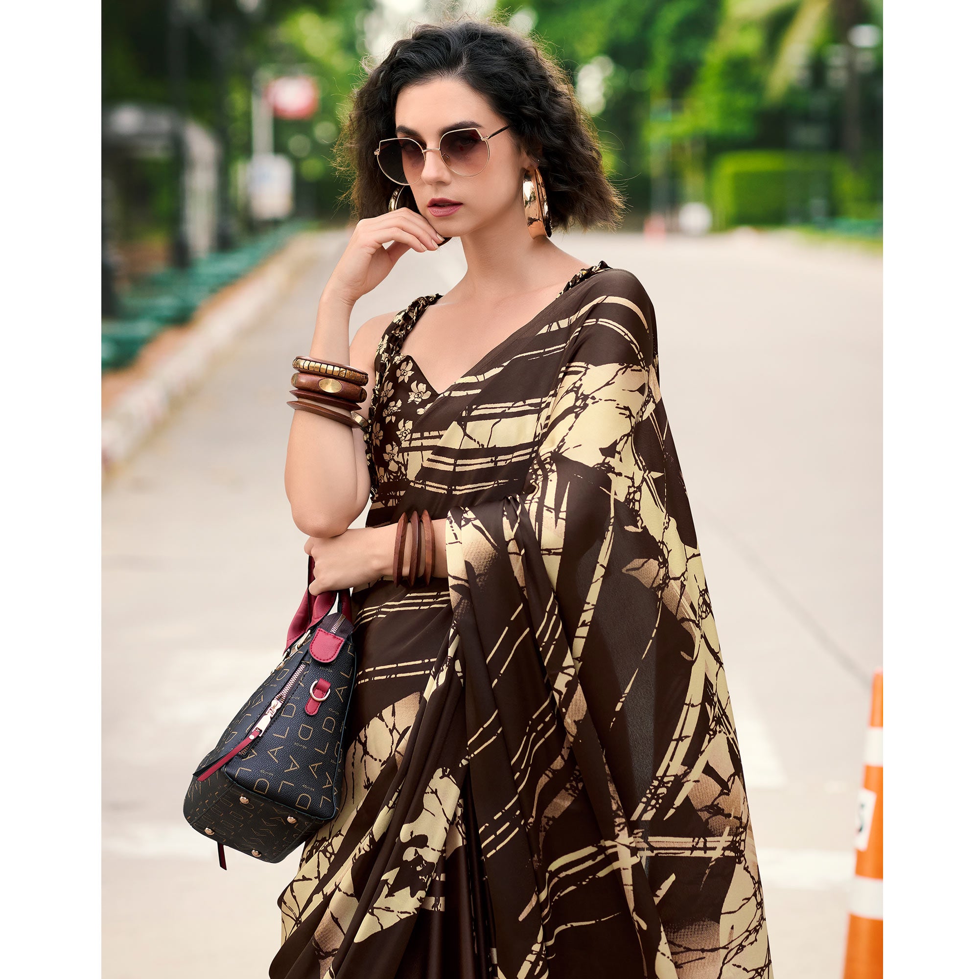 Brown Printed Satin Saree