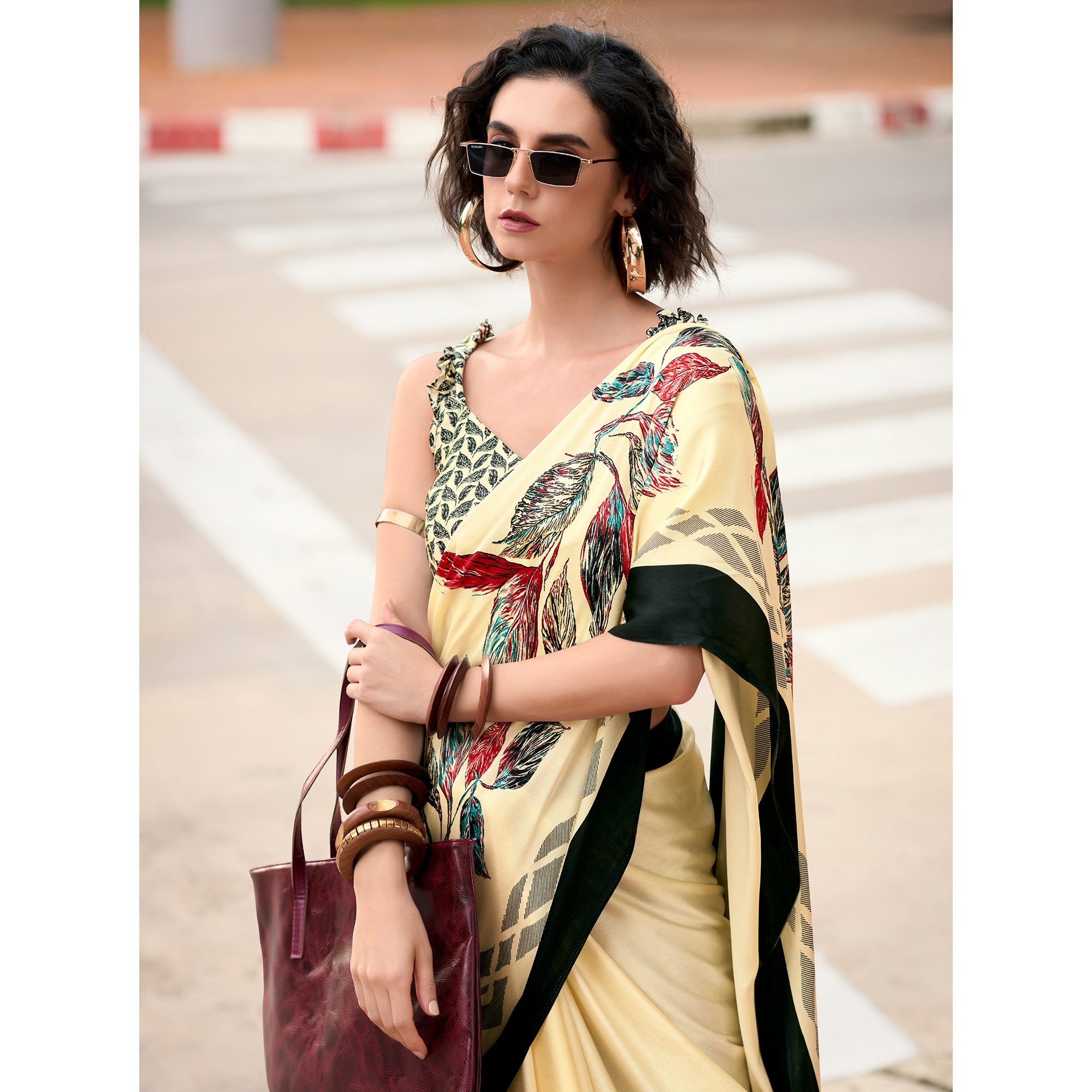 Light Yellow Floral Printed Satin Saree