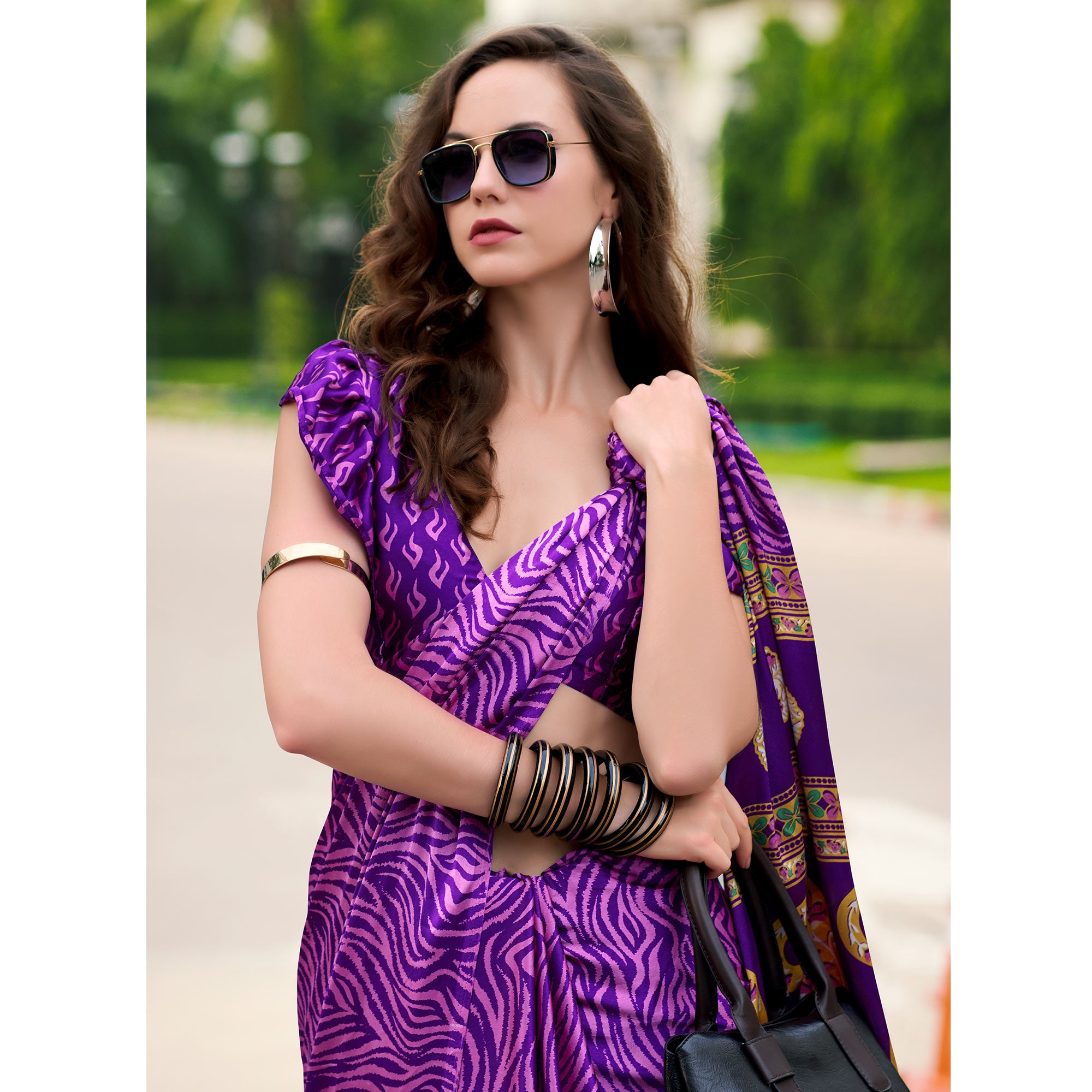 Purple Floral Printed Satin Saree