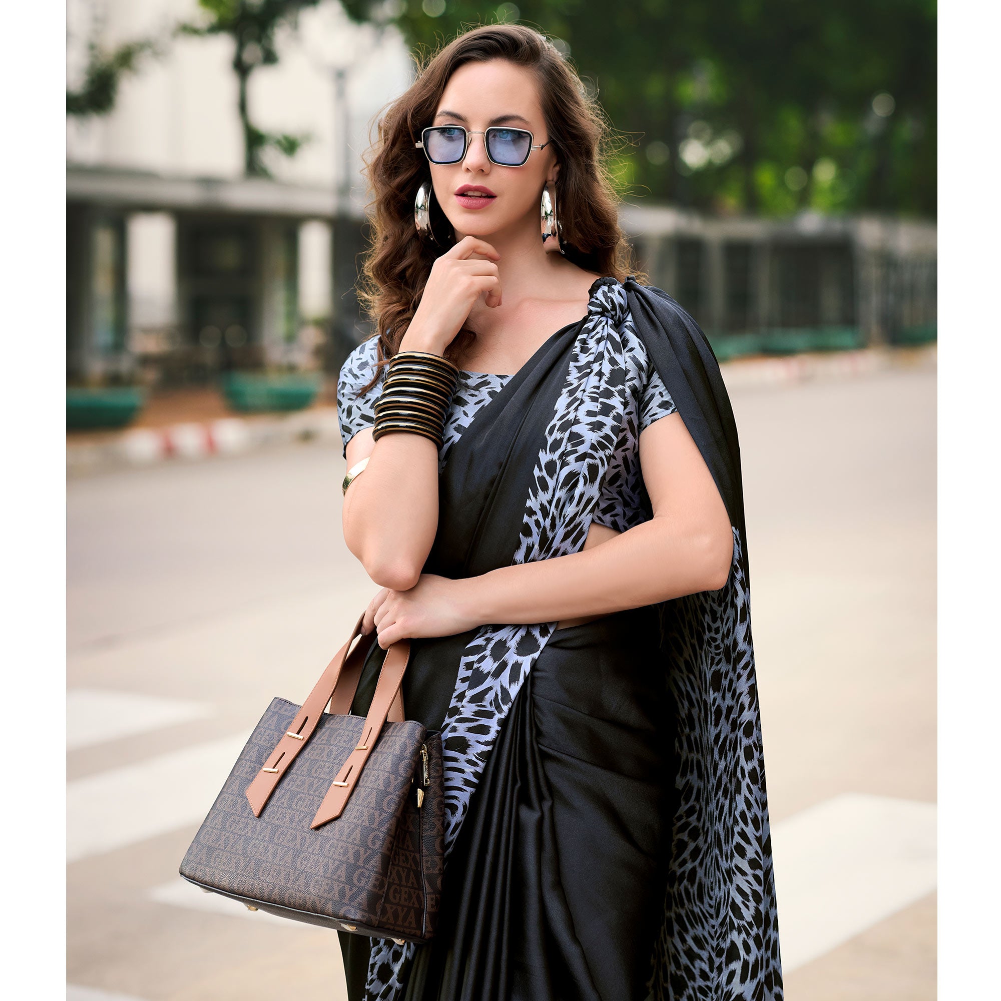 Black Printed Satin Saree