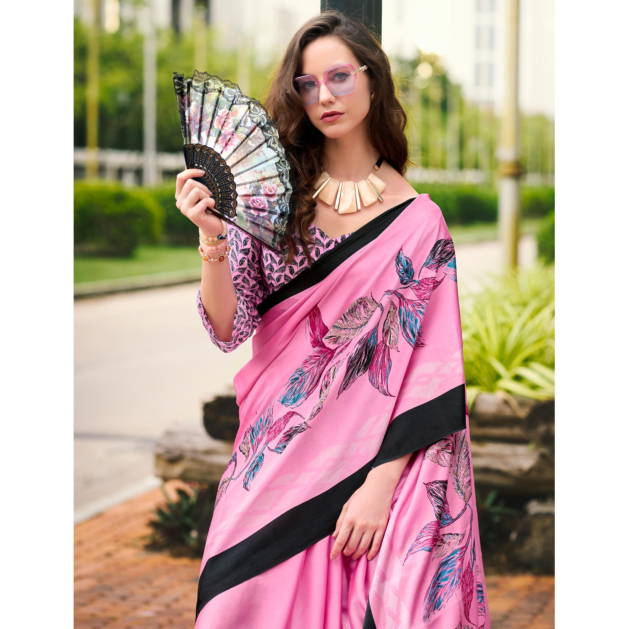 Pink Printed Satin Saree