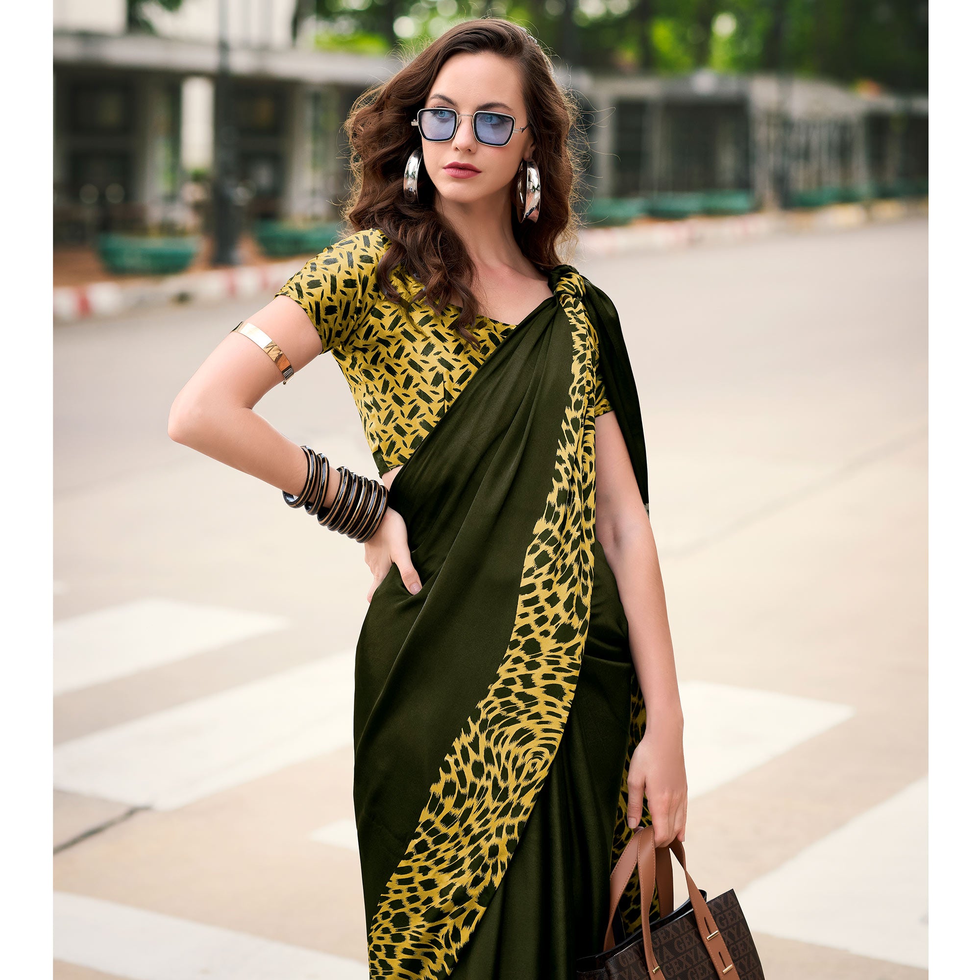 Mehendi Green Printed Satin Saree