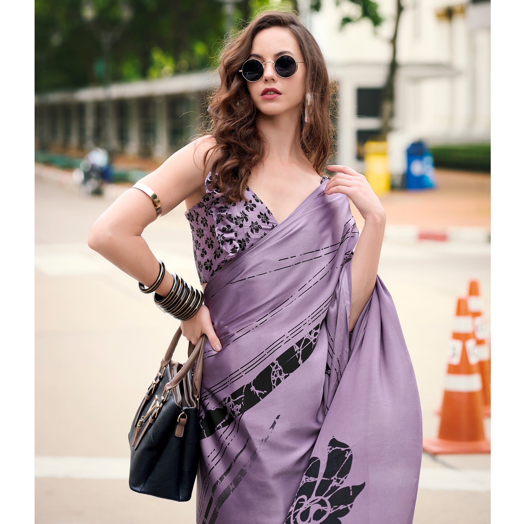 Lavender Printed Satin Saree