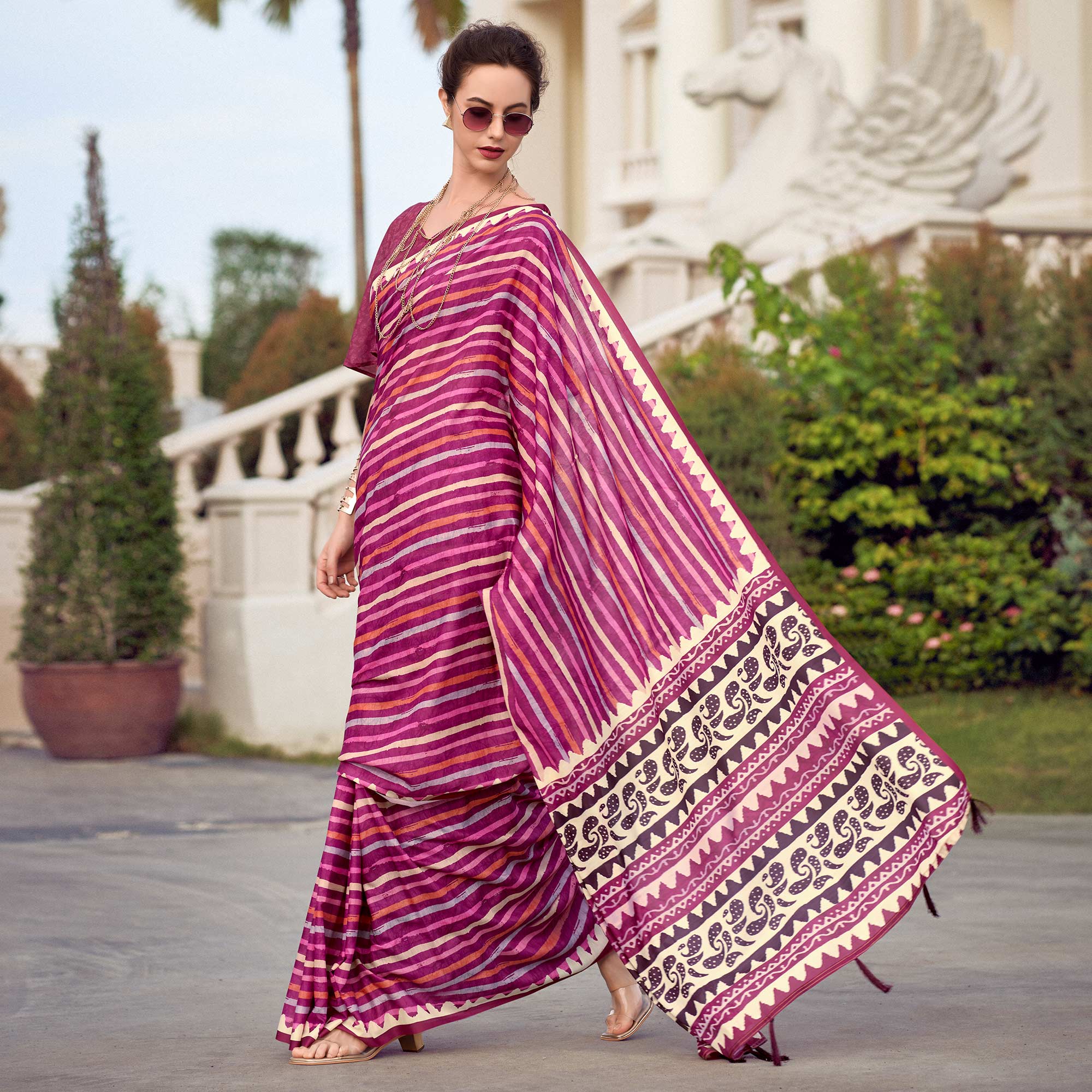 Magenta Striped Printed Mul Pure Silk Saree